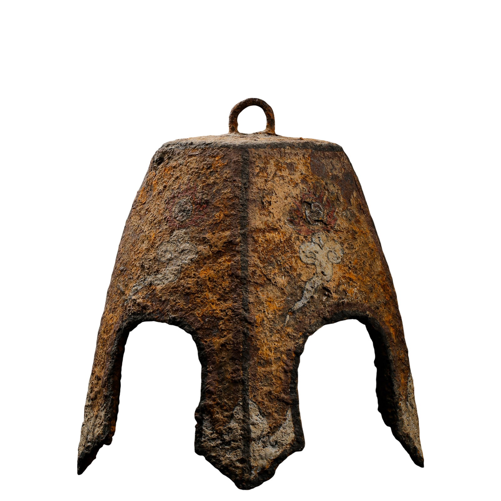Liao?Jin?Period Iron Wind?Bell With Painted Floral Motifs: Dimensions: Width 24 cm (9.45 in), Height 27 cm (10.63 in), Weight 2640g, 10?13th Century?Condition & Provenance: Main body is intact, top suspension loop remains preserved. No structural fracture to 
