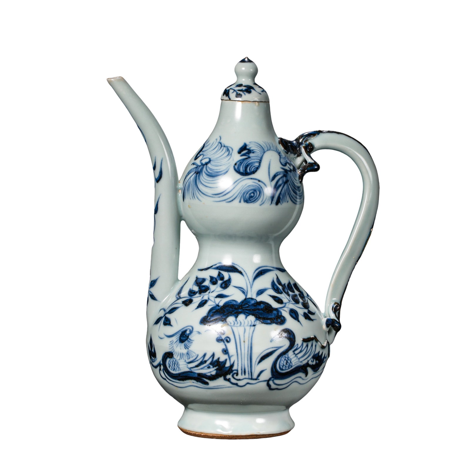 Yuan?Period Blue?and?White Gourd?Shaped Ewer With Mandarin?Duck Pond and: Dimensions: Overall Width 19 cm (7.48 in), Overall Height 24 cm (9.45 in), 13?14th Century?Condition & Provenance: Ewer survives complete with original matching lid. No cracks to main body. Spout and 