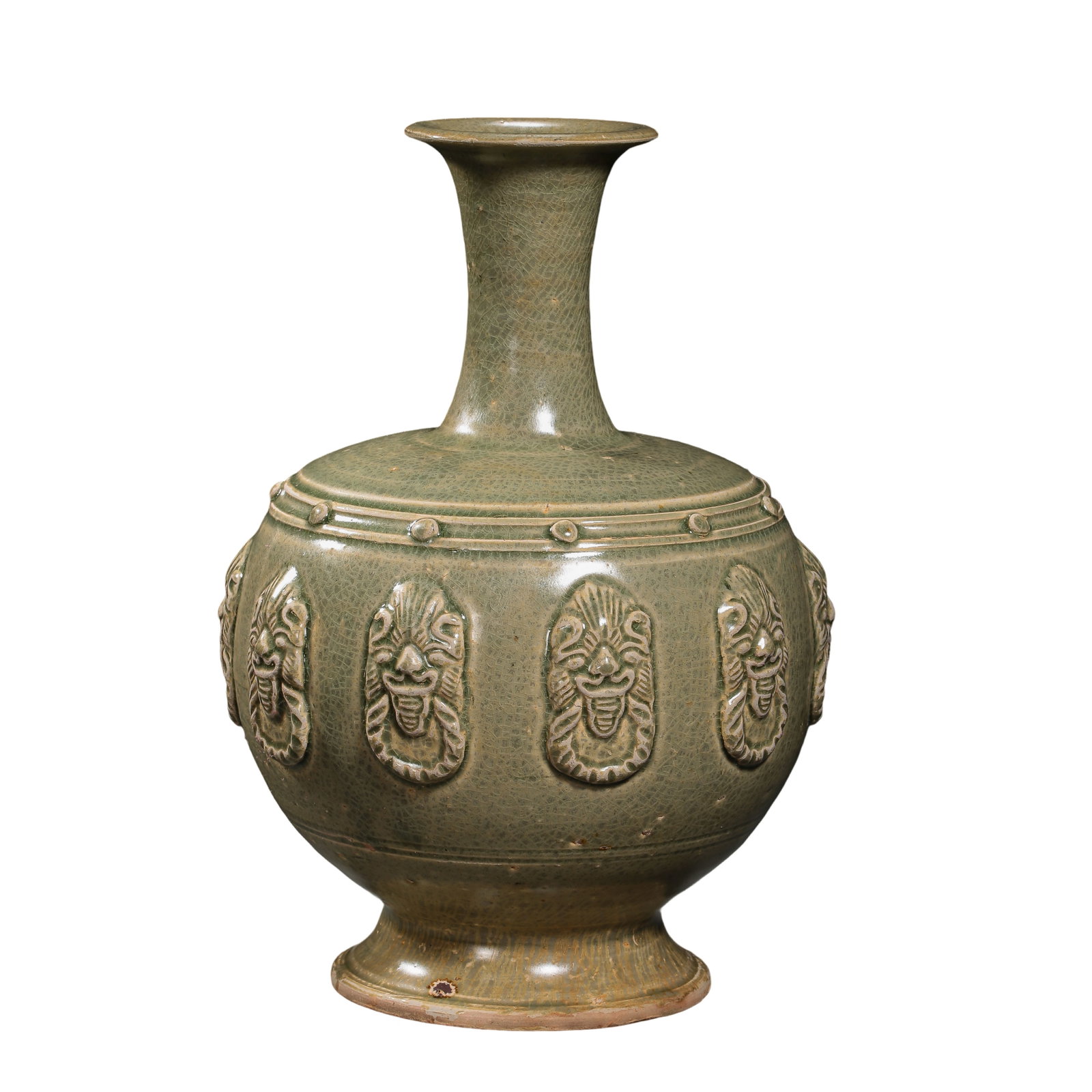 Eastern Jin Dynasty Yue Kiln Celadon Vase with Molded Beast Mask Decoration: Dimensions: Height 27 cm (10.6 in / 0.89 ft), Rim Diameter 7.8 cm (3.1 in / 0.26 ft), 3rd–4th CenturyCondition & Provenance: Condition: The vessel is preserved in very good overall condition. The fo