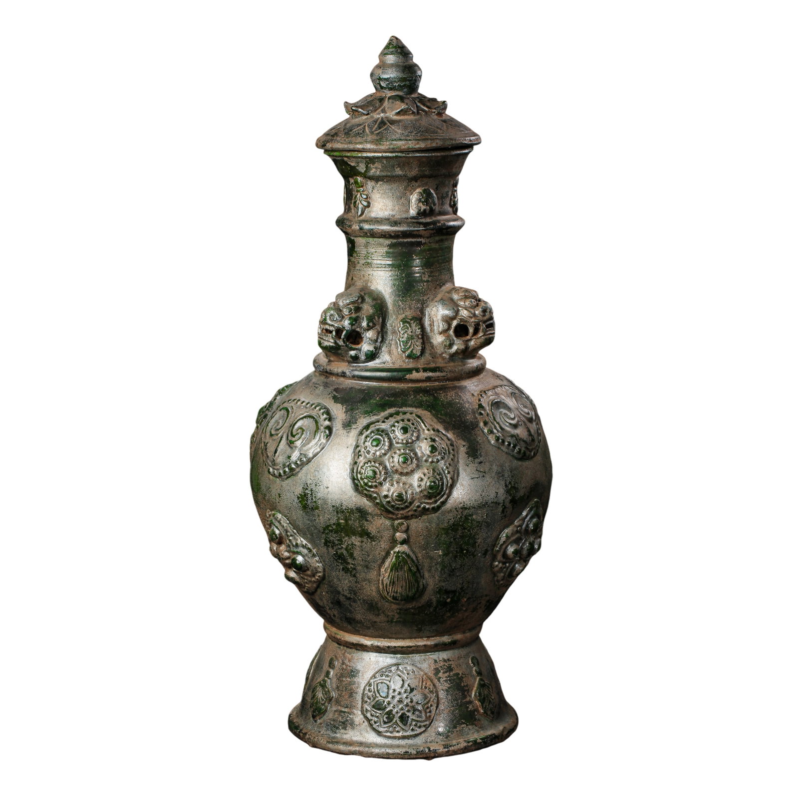 Tang?Five?Dynasties Large Green?Glazed Covered Vase With Applied Beast?Head and Floral (1 of 12)