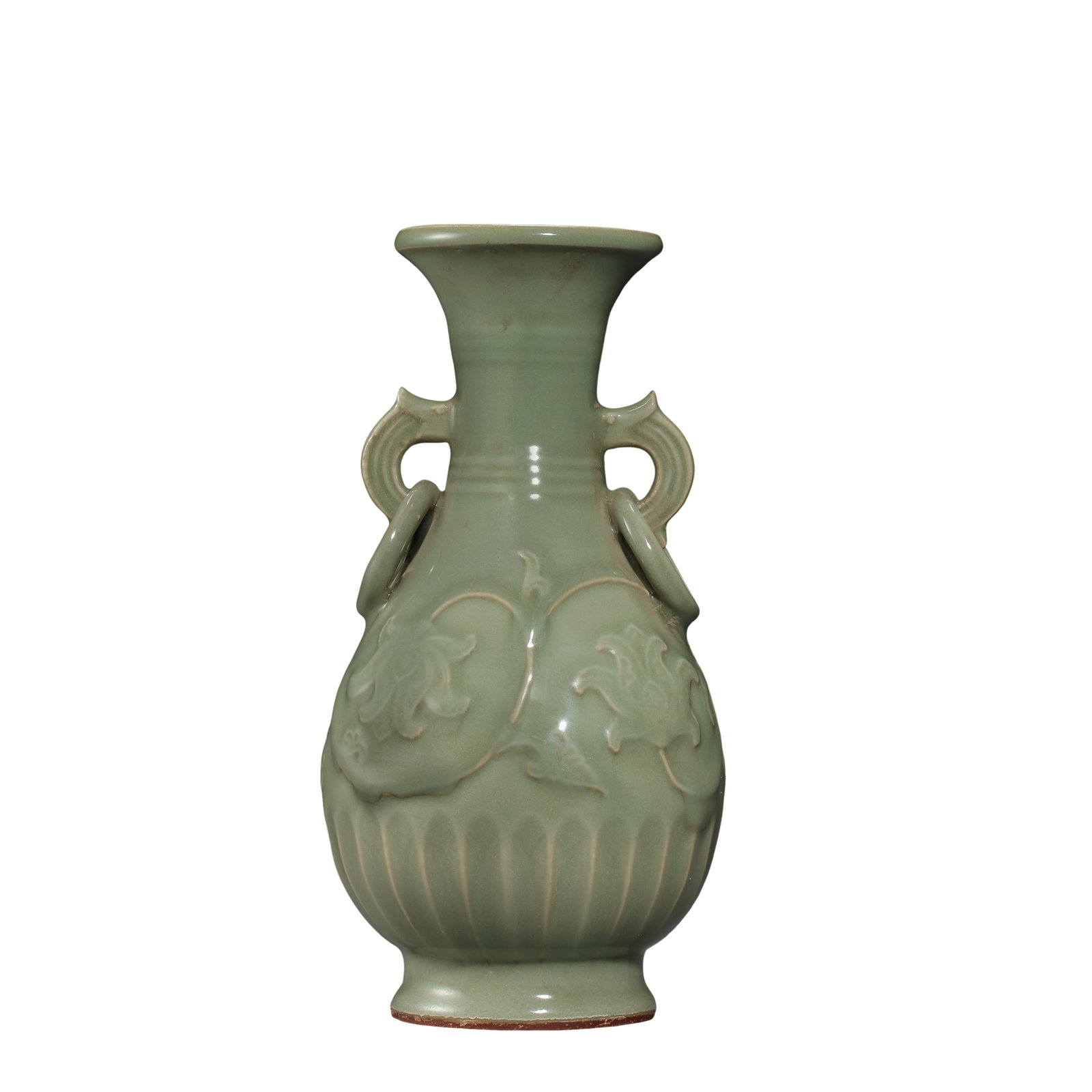 Song Dynasty Longquan Kiln Celadon Vase with Molded Floral Decoration and Beast-Head Ring Handles: Dimensions: Height 26 cm (10.2 in / 0.85 ft), Mouth Diameter 8.8 cm (3.5 in / 0.29 ft), 12th–13th CenturyCondition & Provenance: Condition: The vessel is preserved in excellent overall condition wit