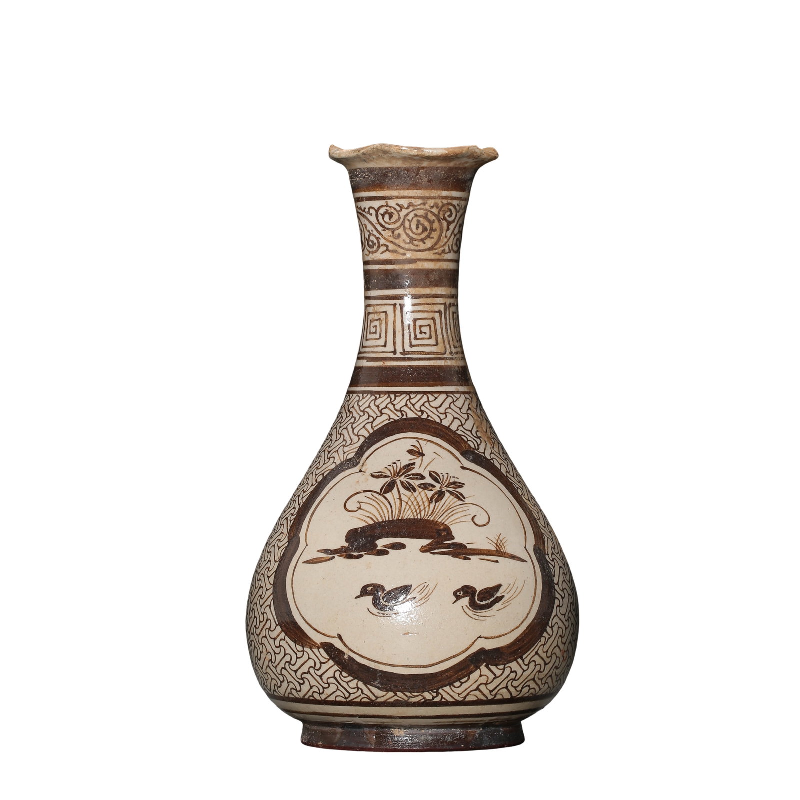 Southern Song Dynasty Jizhou Kiln White Ground Brown Painted Lotus Pond Mandarin Duck Yuhuchun: Dimensions: Height 18 cm (7.1 in / 0.59 ft), Mouth Diameter 5.3 cm (2.1 in / 0.17 ft), 12th–13th CenturyCondition & Provenance: Condition: The bottle is preserved in complete condition with an elega