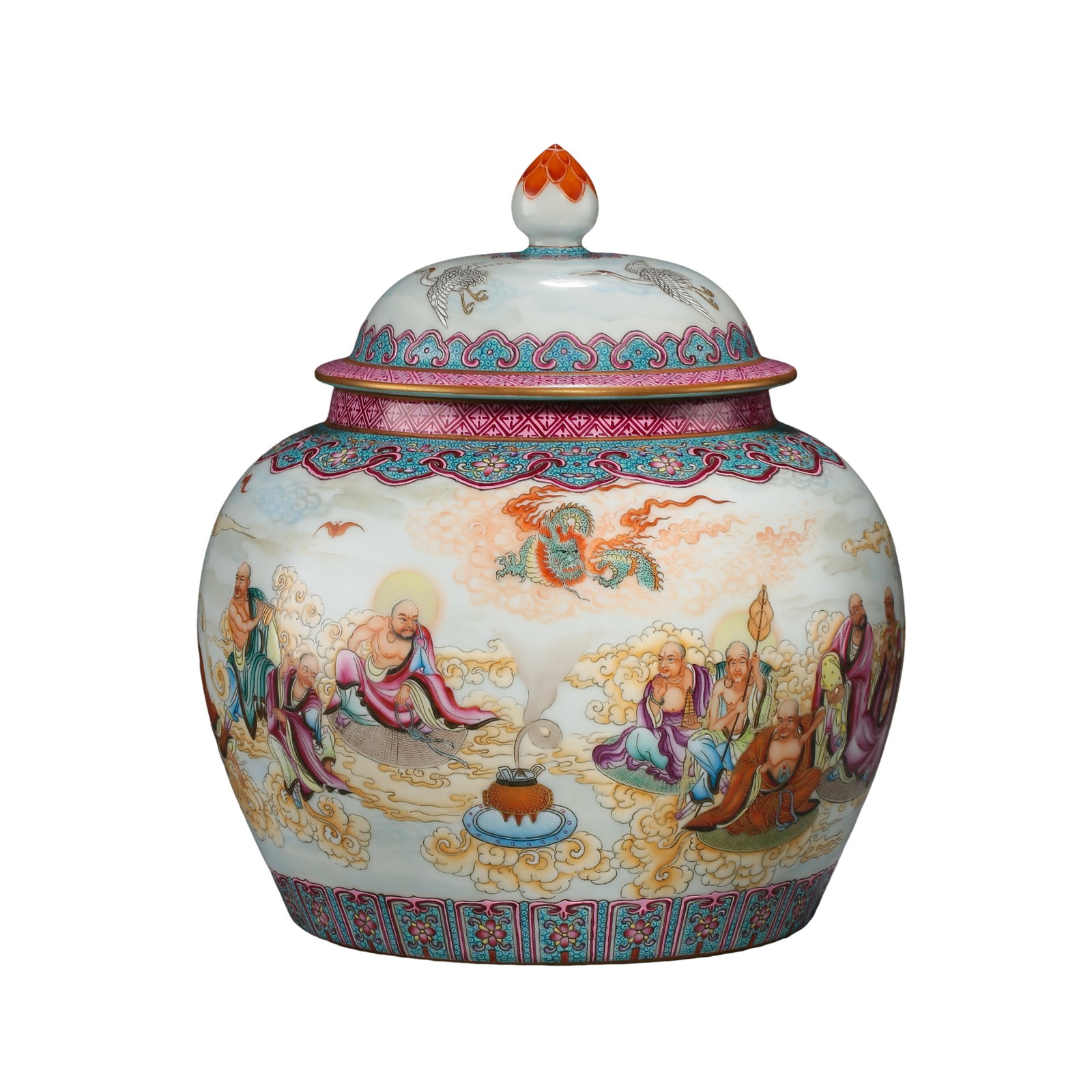 Qianlong Period Qing Dynasty Famille Rose Eighteen Luohans Crossing the Sea Covered Jar with Lotus: Dimensions: Mouth Diameter 18 cm (7.1 in / 0.59 ft), Height 20 cm (7.9 in / 0.66 ft), 18th CenturyCondition & Provenance: Condition: The jar remains in excellent overall condition with its original lo
