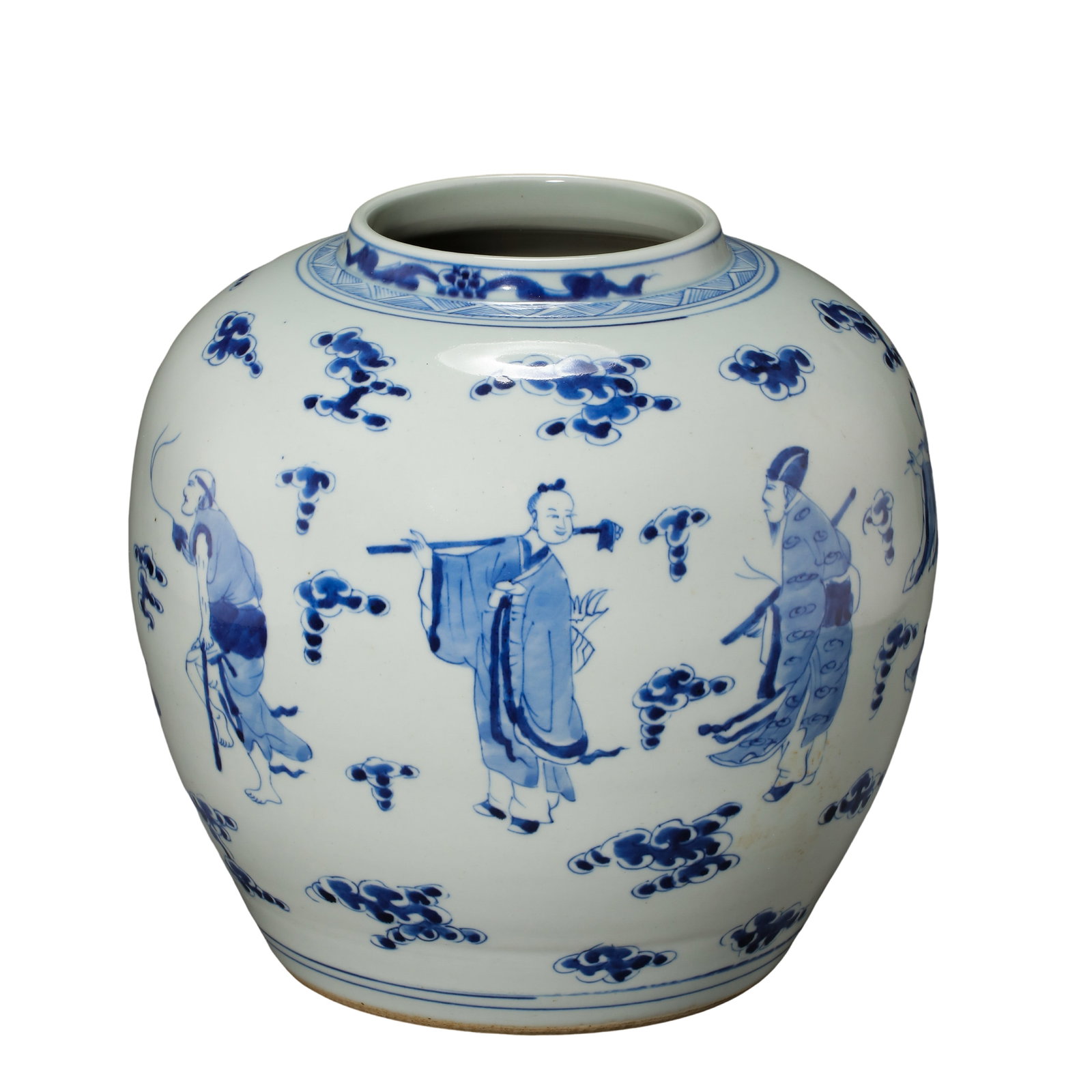 Qing Dynasty Kangxi Period Blue and White Eight Immortals Figure Jar: Dimensions: Mouth Diameter 11.5 cm (4.5 in / 0.38 ft), Height 23.5 cm (9.3 in / 0.77 ft), Late 17th to Early 18th CenturyCondition & Provenance: Condition: The jar is preserved in excellent overall co