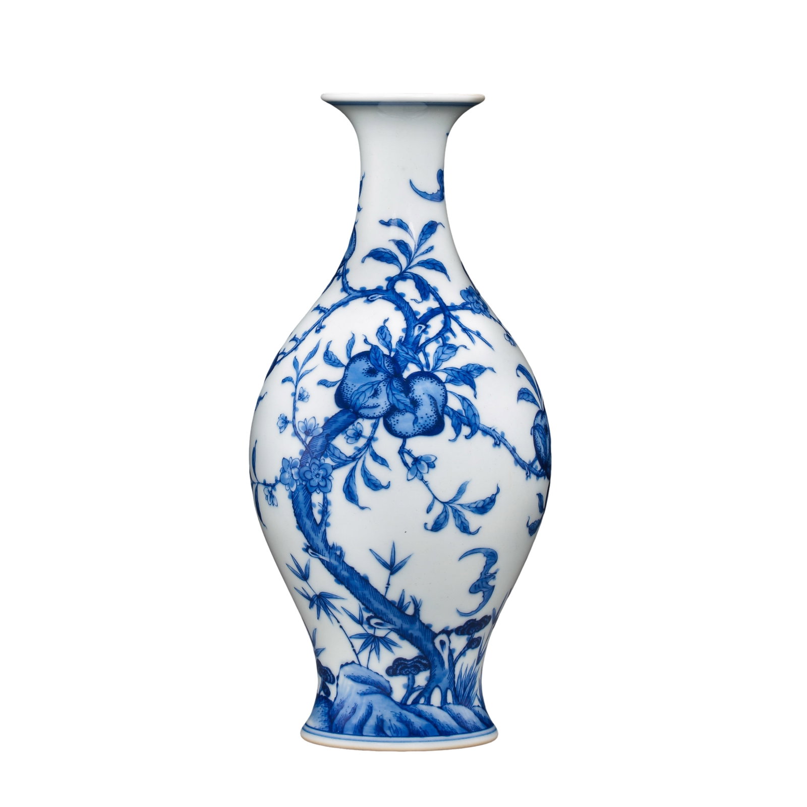 Qing Dynasty Qianlong Period Blue and White Nine Peaches Longevity Olive-Shaped Vase: Dimensions: Mouth Diameter 5 cm (2.0 in / 0.16 ft), Height 19.5 cm (7.7 in / 0.64 ft), 18th CenturyCondition & Provenance: Condition: The vase is preserved in very good condition with an elegant and w
