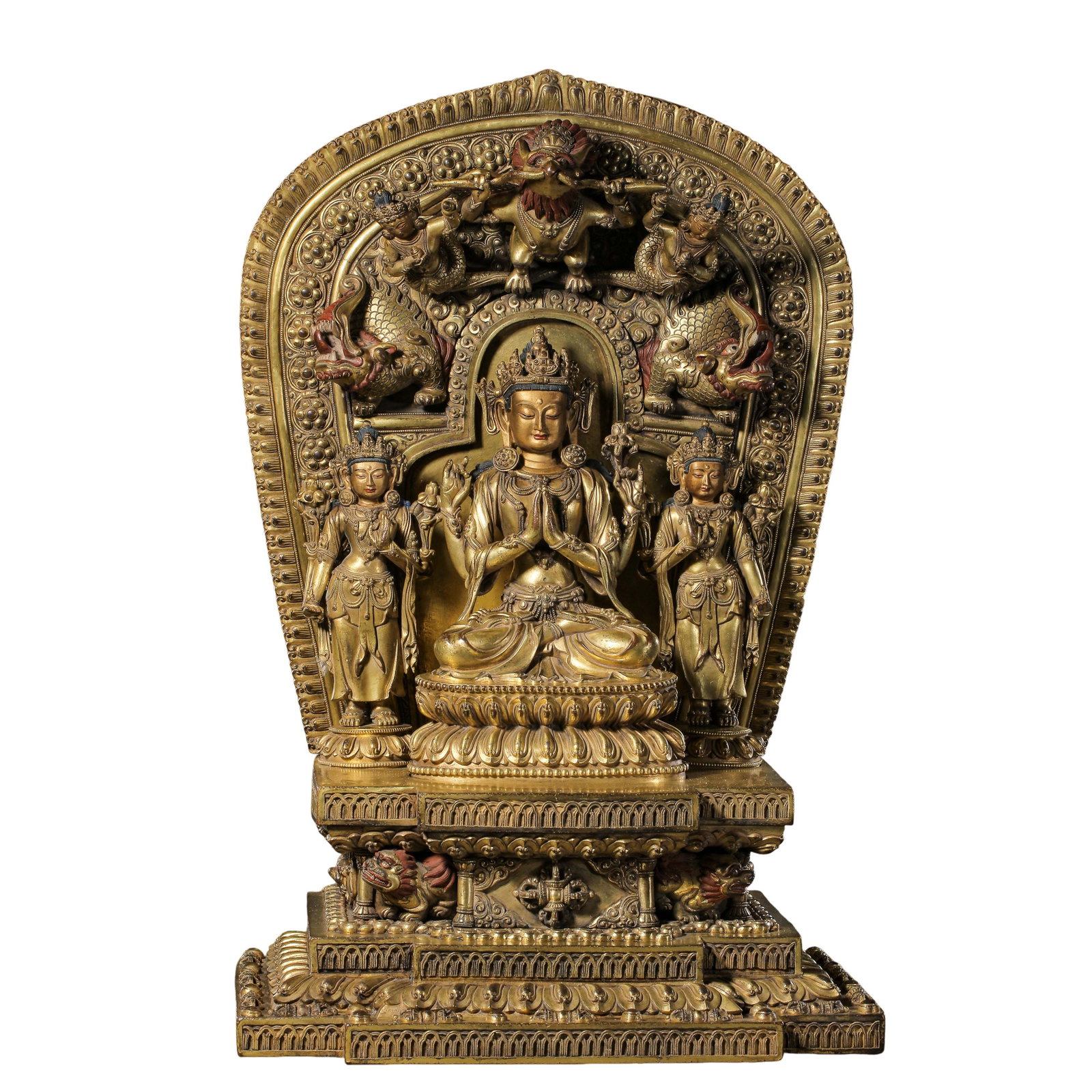 Ming Yongle?Marked Gilt?Bronze Four?Armed Avalokiteshvara Triad With Mandorla: Dimensions:H:44.5cm, W:29.2cm, Weight:14.4kg Condition & Provenance:Entire original assembled group, heavy?cast copper body with full gilding, surviving mineral polychrome traces, natural gilding wear