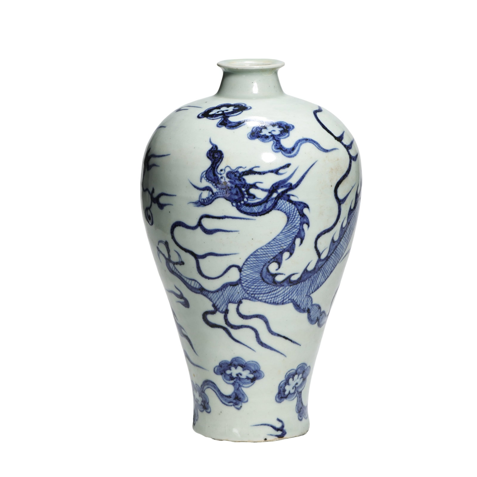 Yuan?Period Blue?and?White Meiping Vase With Dragon?Among?Clouds Motif: Dimensions: Mouth Diameter 4.3 cm (1.69 in), Overall Height 23.5 cm (9.25 in), 13?14th Century?Condition & Provenance: The meiping vase is intact without cracks. Minor age?related wear present around 