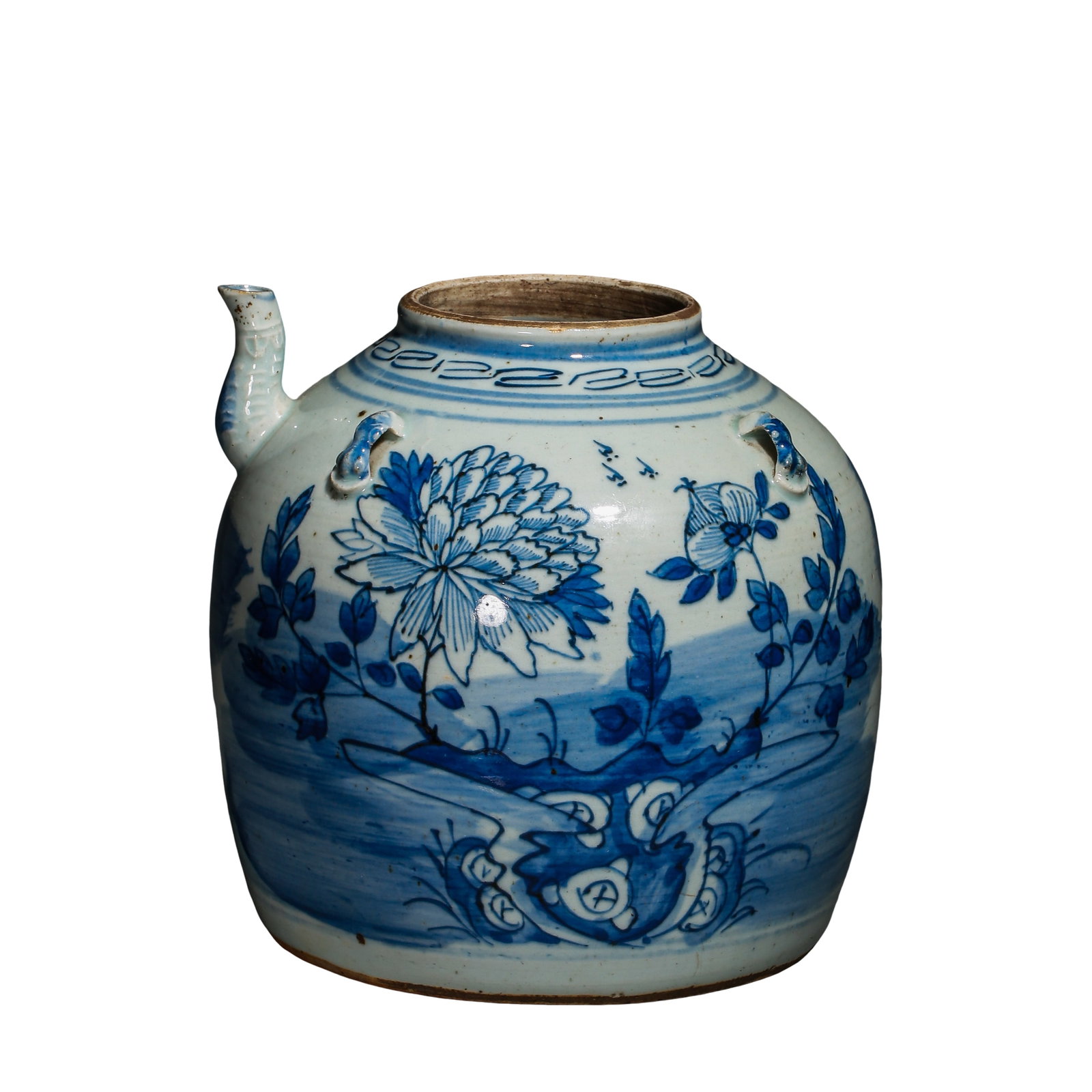 Republic?Period Blue?and?White Four?Loop?Handle Teapot With Rock?and?Peony Decoration: Dimensions: Mouth Diameter 9.5 cm (3.74 in), Overall Height 20.5 cm (8.07 in), 20th Century?Condition & Provenance: Teapot body remains whole without cracks. Four lugs and spout are well preserved, mi