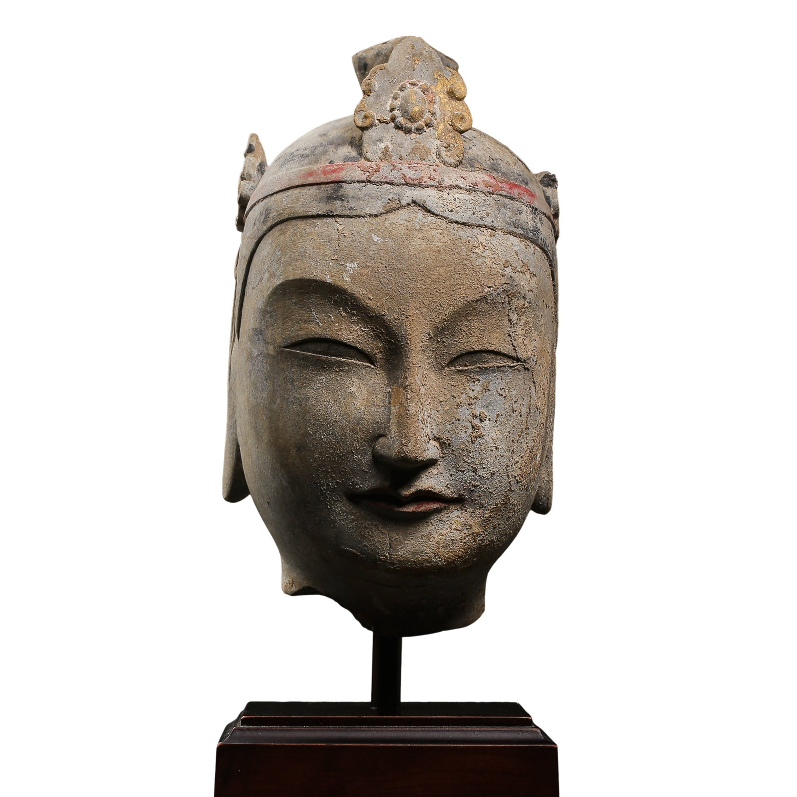 Tang Dynasty (7th–8th Century) Painted Stone Bodhisattva Head Sculpture: Dimensions: Height 42 cm (16.5 in / 1.38 ft), maximum width of head 16.5 cm (6.5 in / 0.54 ft), including fitted wooden display base; 7th–8th Century (Tang Dynasty)Condition & Provenance: Preserved 