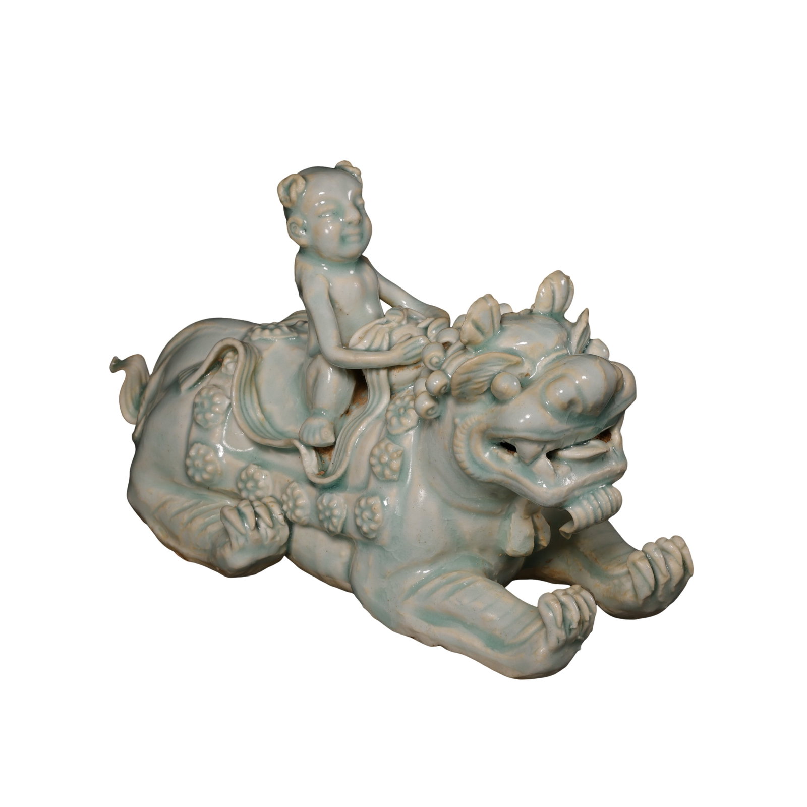Northern Song Dynasty (960–1127) Qingbai Glazed Child Riding a Lion Ceramic Sculpture: Size: Length 20 cm (7.9 in / 0.66 ft), Height 12 cm (4.7 in / 0.39 ft), 11th CenturyCondition & Provenance: Overall well preserved with an intact sculptural form, softly luminous glaze, and natural su