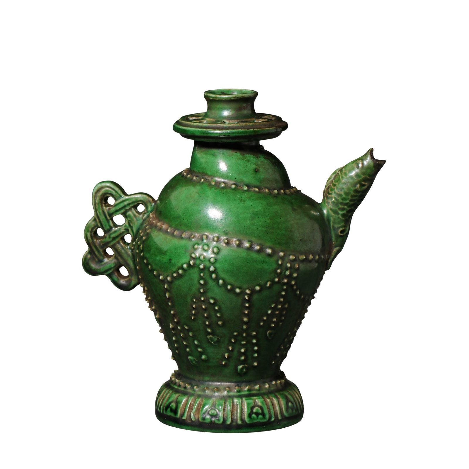 Tang?Period Green?Glazed Ewer With Applied Bead?Pattern And Fish?Shaped Spout: Dimensions: Maximum Width 12 cm (4.72 in), Overall Height 13 cm (5.12 in), Weight 319g, 7?10th Century?Condition & Provenance: The ewer is fully intact, lid, main body, fish?form spout and knot?shaped