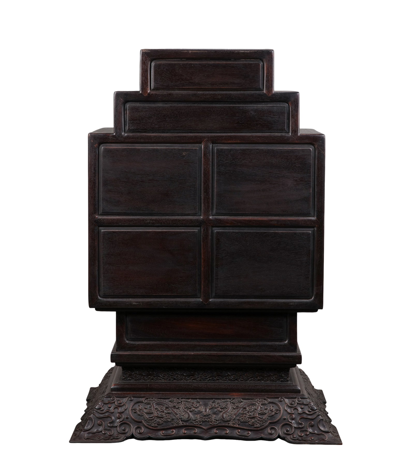Qing Dynasty (18th–19th Century) Zitan Wood Multi-Tiered Scholar’s Cabinet with Carved: Dimensions: Accompanying scholar’s objects include: Cinnabar-red and gilt landscape brush holder, H 14.2 cm (5.6 in); Jadeite bangle, outer diameter 8.6 cm (3.4 in), weight 117 g; Jadeite cabbage ca