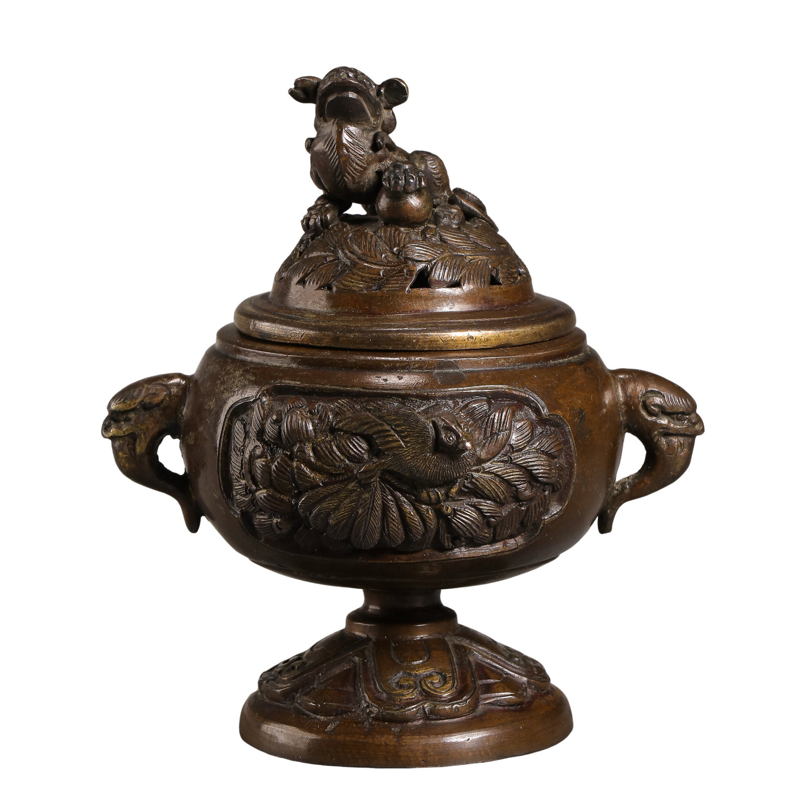 Qing Dynasty Bronze Incense Burner with Lion Finial, Auspicious Bird Relief Decoration and: Size: Height 11.5 cm (4.5 in / 0.38 ft), Maximum Width 11 cm (4.3 in / 0.36 ft), Weight 489 g (17.2 oz), 18th–19th CenturyCondition & Provenance: Well preserved with complete original components inc