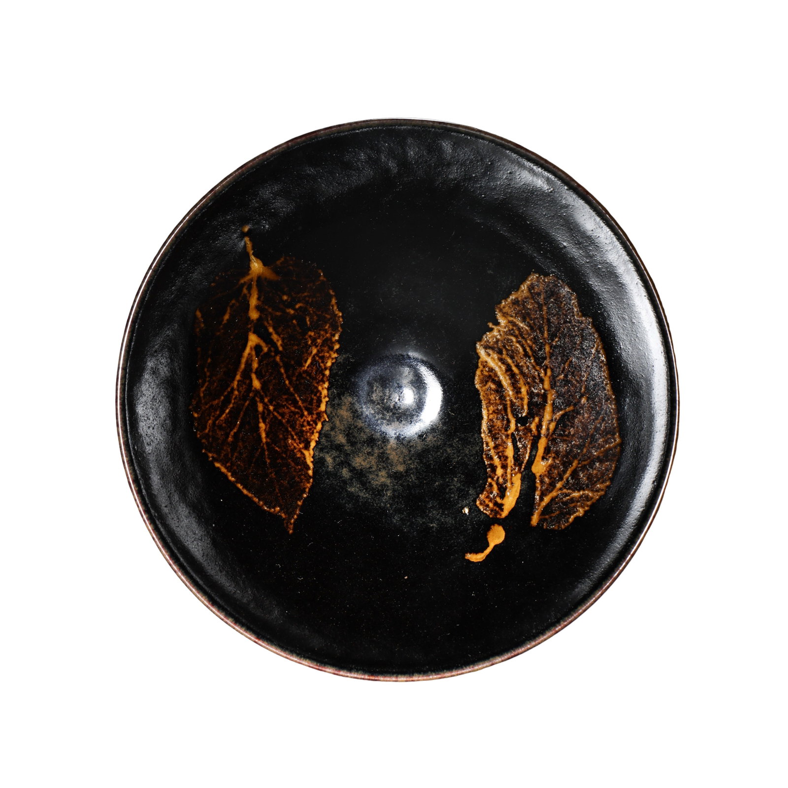 Southern Song Dynasty Jizhou Kiln Black-Glazed Twin Wood Leaf Pattern Tea Bowl (12thâ€“13th Century): Dimensions: Diameter 14.5 cm (5.7 in / 0.16 ft), Height 5 cm (2.0 in / 0.16 ft)Condition & Provenance: The bowl is well preserved with a complete form, luminous black glaze, and clearly preserved twin