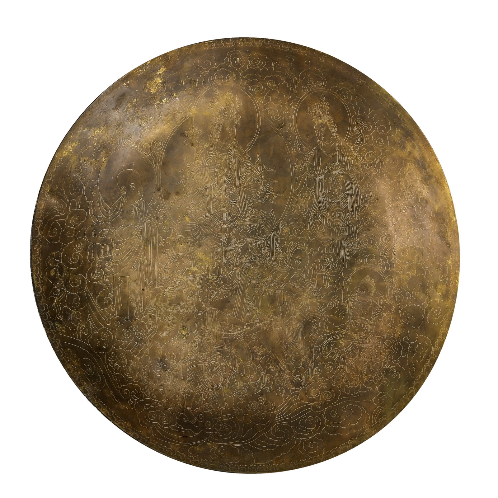 15th?Century Bronze Incised Circular Base?Seal Plate With Bodhisattva Assembly For Buddha Statue: Dimensions: Diameter 52 cm (20.47 in), Weight 3200g, 15th Century?Condition & Provenance: The circular plate remains complete without cracks or major deformation. Most incised lines of bodhisattvas, d