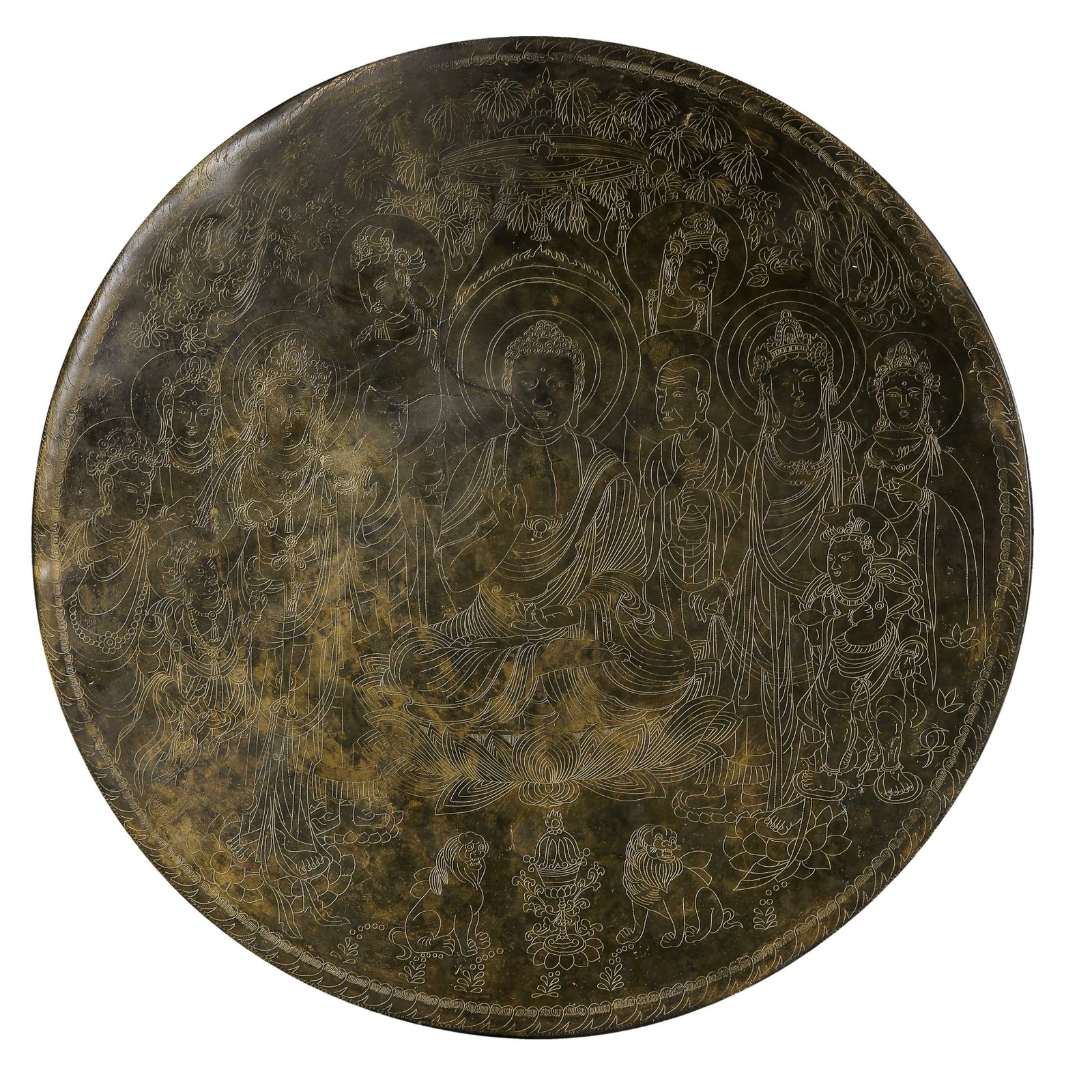 15th?Century Bronze Incised Circular Buddha?Teaching?Scene Base?Seal Plate For Buddha Statue: Dimensions: Diameter 50 cm (19.69 in), Weight 4650g, 15th Century?Condition & Provenance: The circular plate is overall intact with one ancient fine hairline crack, no major deformation. Incised Shaky