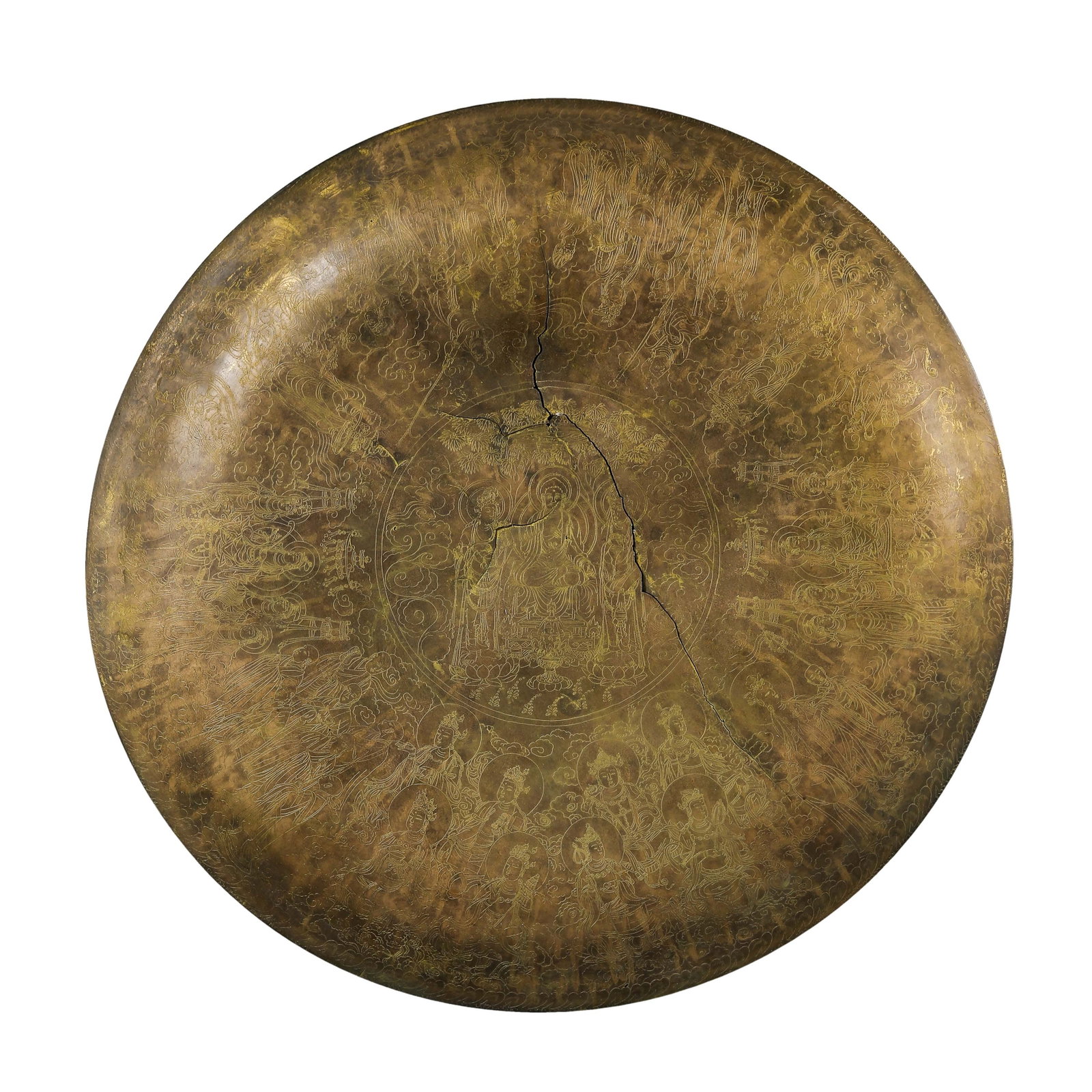 15th?Century Bronze Incised Circular Base?Seal Plate With Bodhisattva Assembly For Buddha Statue: Dimensions: Diameter 53.5 cm (21.06 in), Weight 2350g, 15th Century?Condition & Provenance: The plate bears an ancient penetrating crack extending outward from center, no material loss. Most incised m