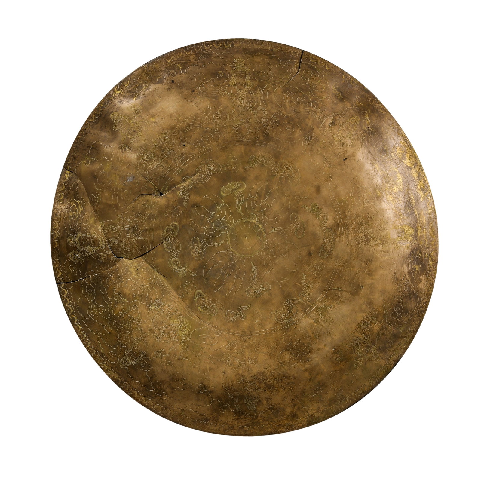 15th?Century Bronze Incised Circular Base?Seal Plate With Dharma?Wheel And: Dimensions: Diameter 52 cm (20.47 in), Weight 2850g, 15th Century?Condition & Provenance: The circular plate bears multiple ancient cracks with partial fragments preserved, no material loss. Central i