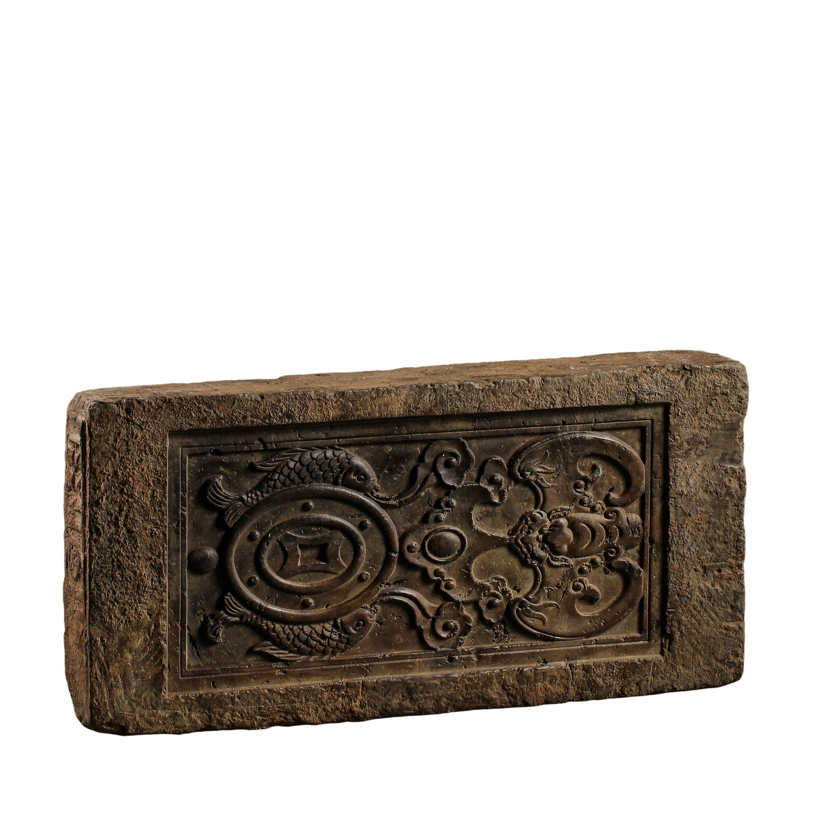 Hanâ€“Jin Dynasty Ancient Brick with Later Carved â€œGood Fortune Before the Eyes?? Double Fish: Size: Length 36cm (14.17in), Height 17.5cm (6.89in), approximately 0.5ft; 3rd–6th CenturyCondition & Provenance: Good condition with original brick body, aged soil patina, natural surface wear, and 