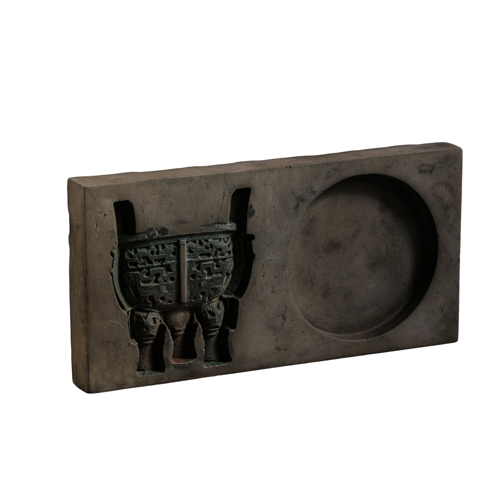 Qing Dynasty Antique-Style Bronze Ding Motif Brick Inkstone: Size: Length 20cm (7.87in), Height 10cm (3.94in), approximately 0.33ft; Qing Dynasty (17th–19th Century)?Condition & Provenance: Good condition with a complete brick body, naturally aged surface pat
