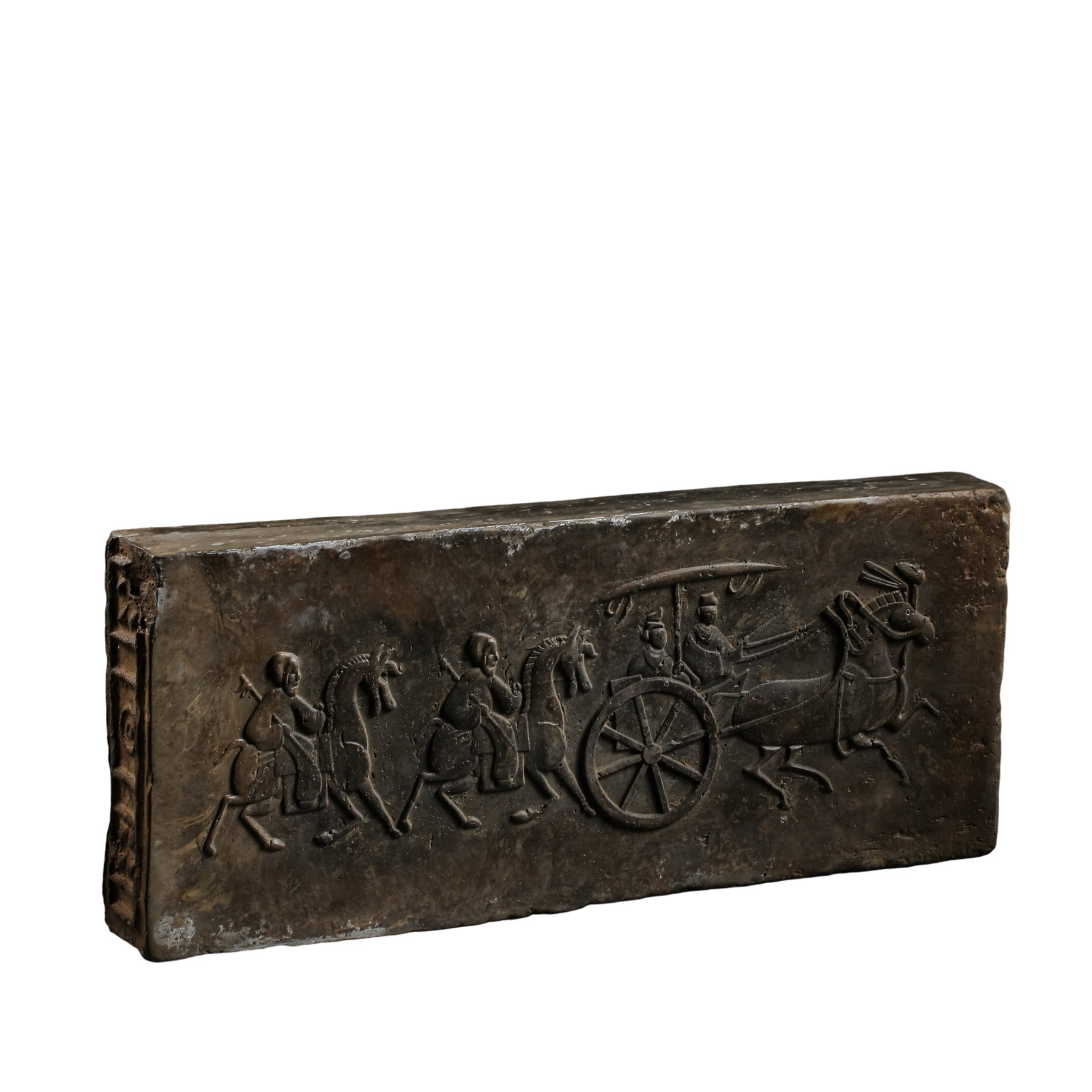 Han Dynasty (206 BCE–220 CE) Ancient Brick Inkstone with Carriage and Horse Procession Relief: Dimensions: Length 36.5 cm × Height 15.8 cm (14.37 × 6.22 inches), approximately 1.2 ft × 0.52 ft, Han Dynasty (2nd Century BCE–3rd Century CE)Condition & Provenance: Overall well preserved with 