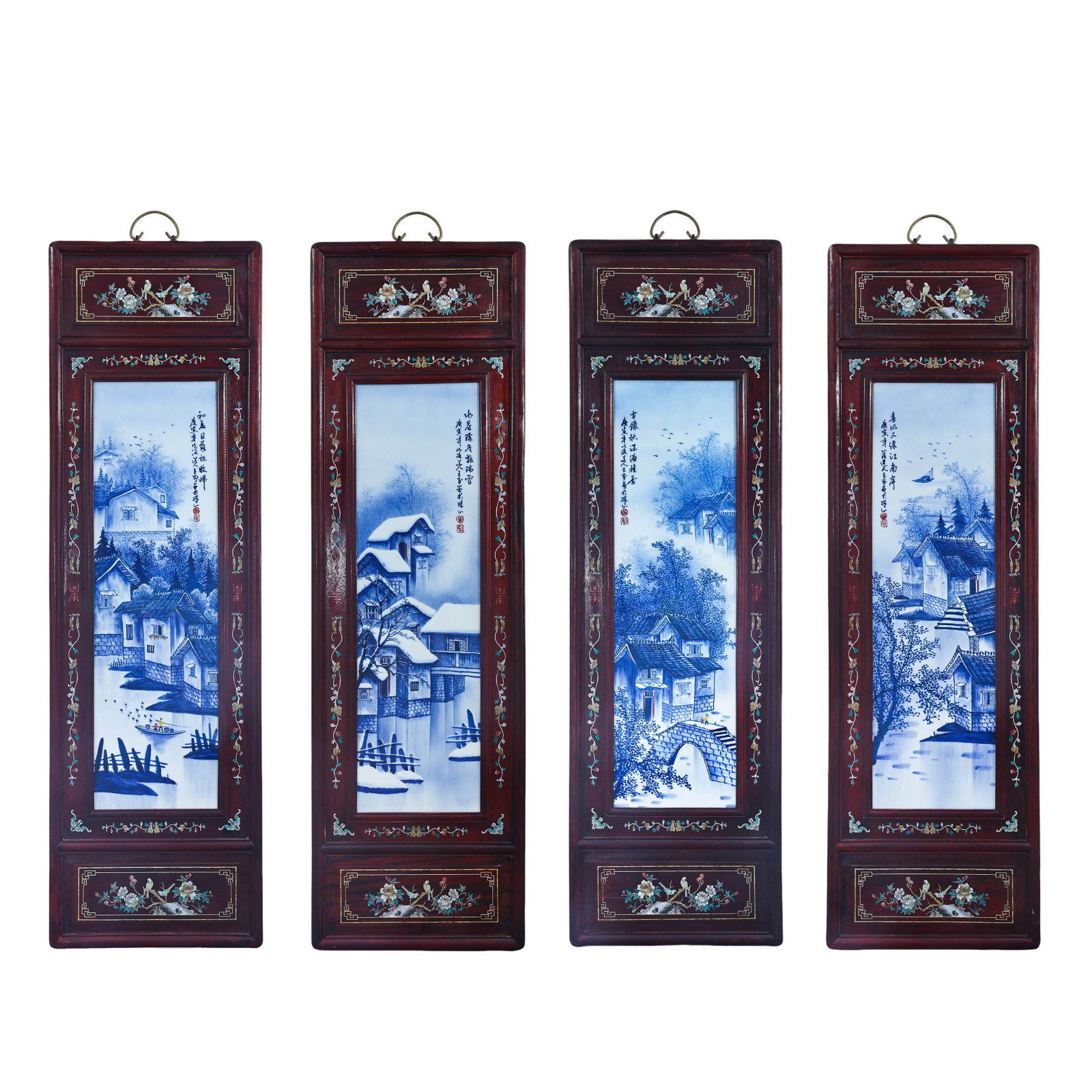 Late Qing Dynasty to Republic Period Rosewood Inlaid Mother-of-Pearl Four-Panel Blue and White: Dimensions: Each panel: W 36 cm (14.2 in), H 121 cm (47.6 in); Complete four-panel set; Late 19th–Early 20th CenturyCondition & Provenance: Overall well preserved with a complete rosewood frame stru