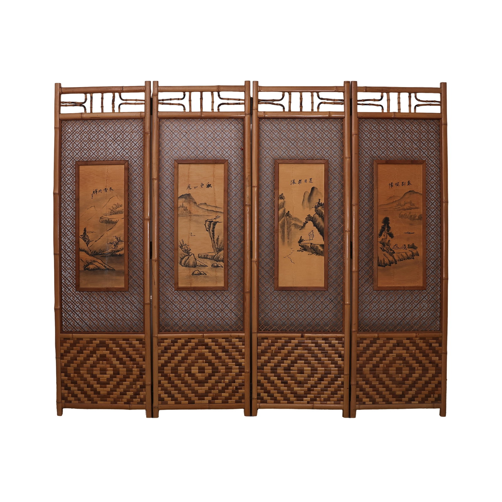 20th Century Bamboo Four-Panel Plum, Orchid, Bamboo and Chrysanthemum Ink Painting Folding Screen: Dimensions: Overall width 178 cm (70.1 in), height 153 cm (60.2 in); Four-panel connected folding structure; 20th Century?condition & Provenance: Overall well preserved with a complete bamboo structur