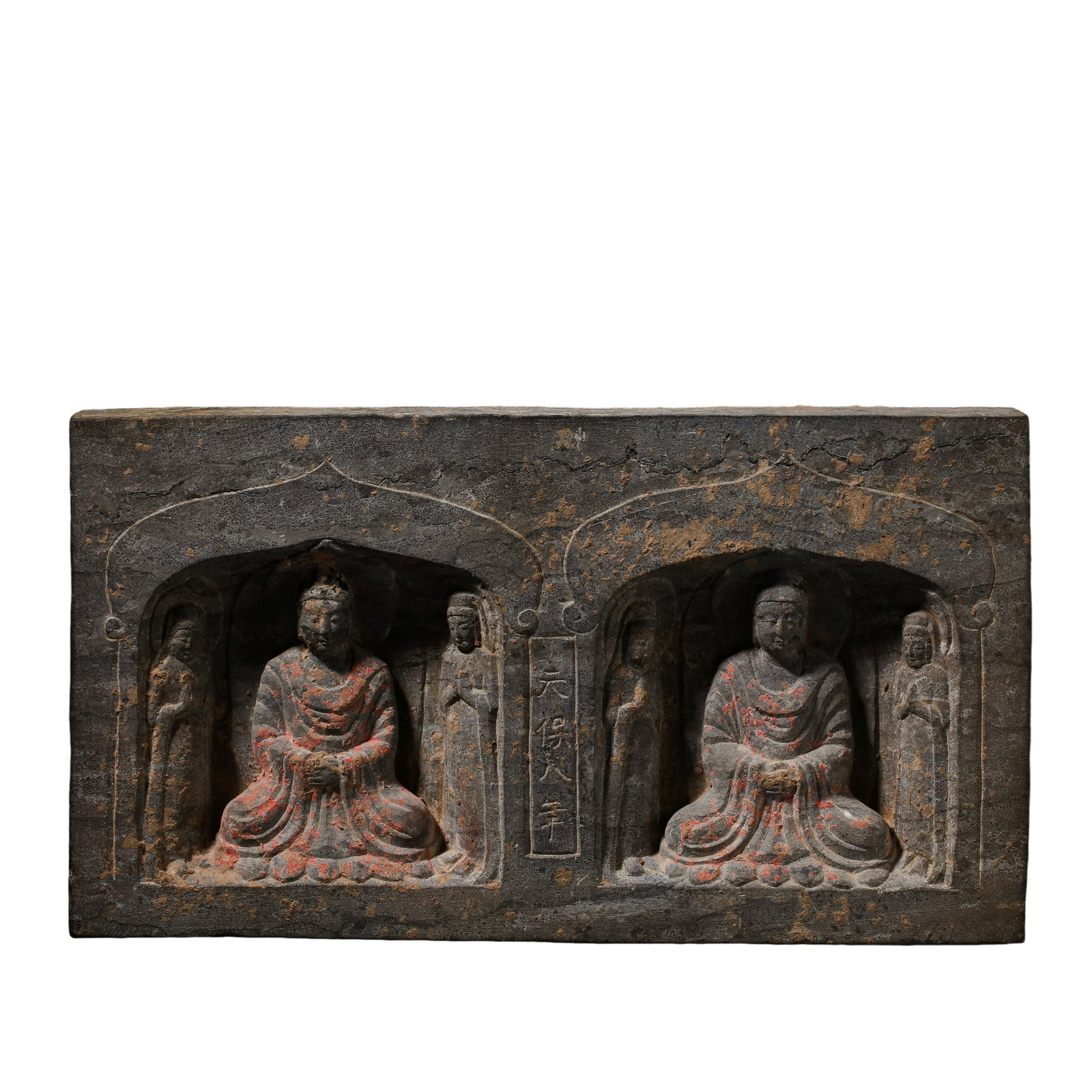 Northern Qi Dynasty, Tianbao 8th Year (557 CE) Double-Niche Shakyamuni Buddha Carved Brick Sculpture: Dimensions: L 27.5 cm (10.8 in), H 15 cm (5.9 in), Weight 6,900 g (6.9 kg / 15.2 lb); 6th CenturyCondition & Provenance: Overall well preserved with a complete stone-brick structure, natural weatherin