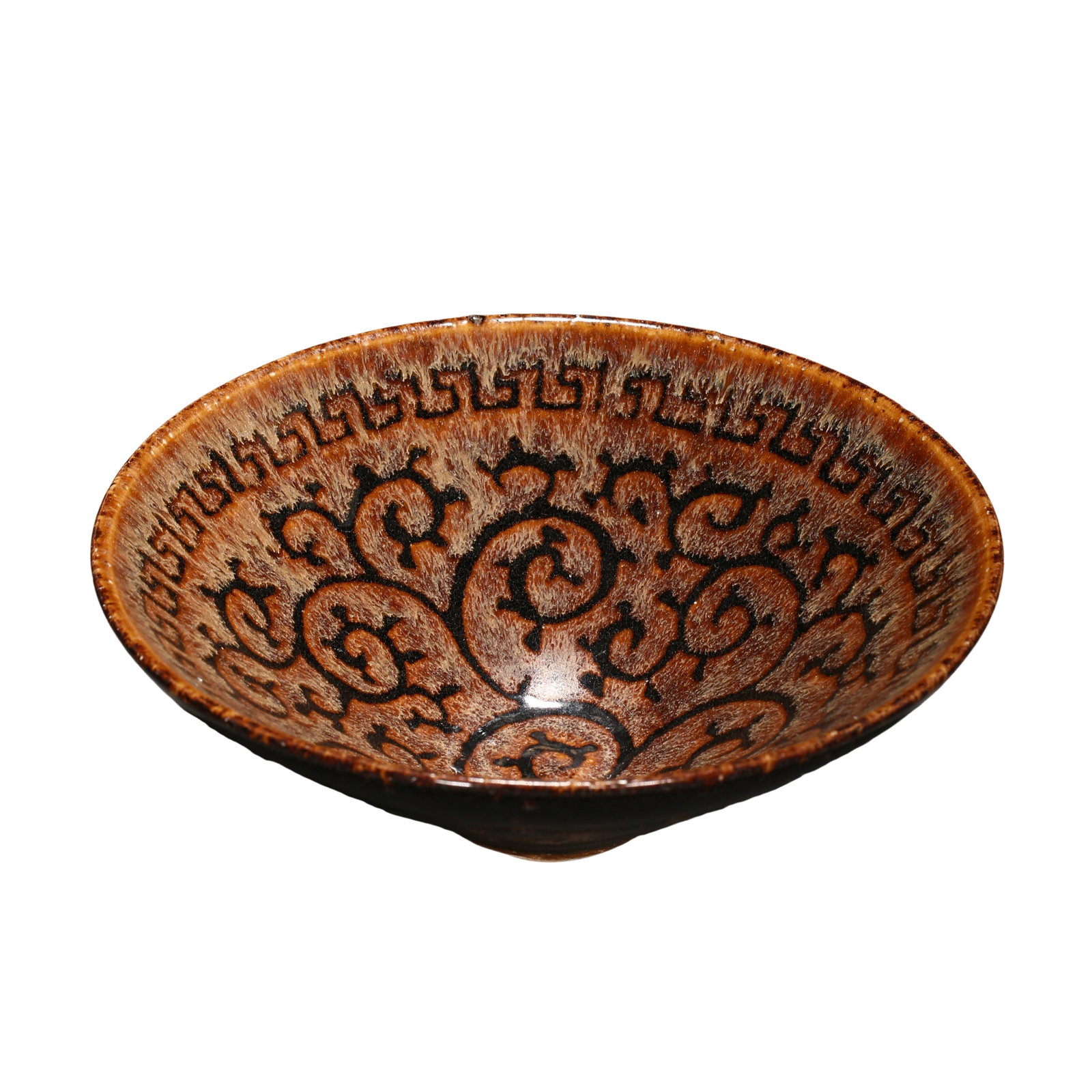 Southern Song Dynasty (1127–1279) Jizhou Kiln Black-Glazed Tortoiseshell Ground Bowl with Painted: Dimensions: Diameter 15.5 cm (6.1 in), Height 5.5 cm (2.2 in), 12th Century, Song DynastyCondition & Provenance: Excellent condition, complete. Provenance: Private collection in California, USA, prese