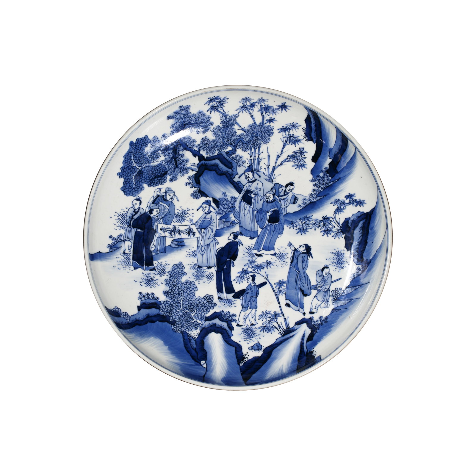 Qing Dynasty, Kangxi Period (1662–1722) Blue and White “Elegant Gathering in the Bamboo Grove: Dimensions: Diameter 36.5 cm (14.4 in), Height 6 cm (2.4 in), late 17th–early 18th Century, Kangxi PeriodCondition & Provenance: Excellent condition, complete. Provenance: Private collection in New 