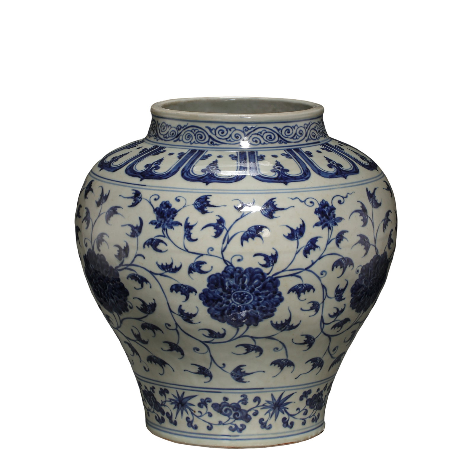 Early Ming Dynasty, Yongle Period (Early 15th Century) Blue and White Large Jar with Lotus Scroll: Size: Mouth Diameter 20cm / 7.9in, Height 39cm / 15.4in (15th Century)Condition & Provenance: Well preserved overall, with a warm glaze surface, naturally aged blue-and-white decoration, and original 
