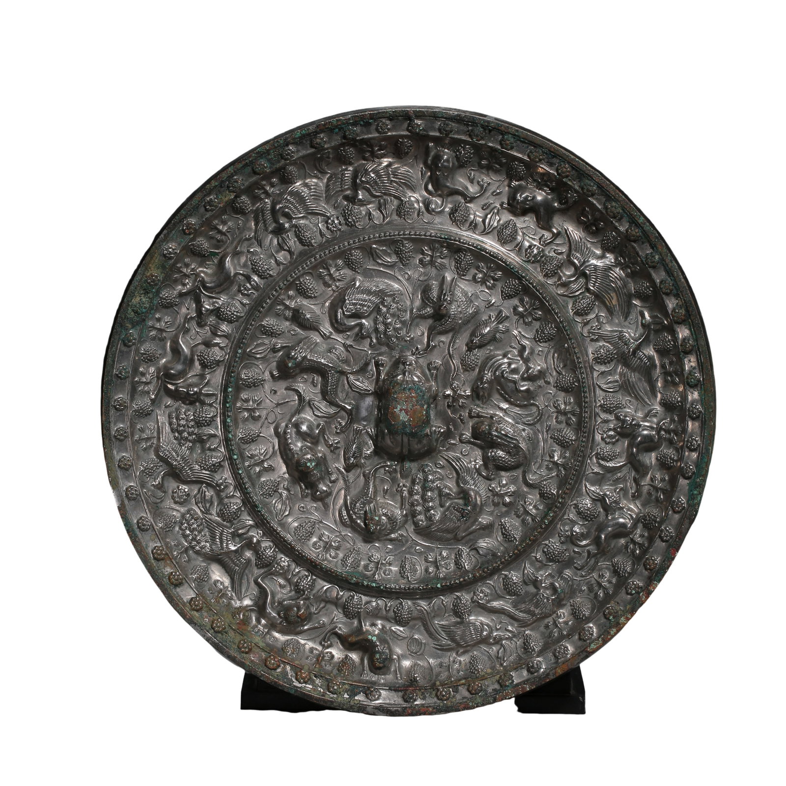 Tang Dynasty (7th–9th Century) Large Bronze Mirror with Mythical Beasts, Birds, and Grape Scroll: Size: Diameter 28cm / 11.0in, Weight 4403g / 9.7lbs (7th–9th Century)Condition & Provenance: Overall well preserved, with a substantial bronze body, original silver-gray ancient patina, natural gree