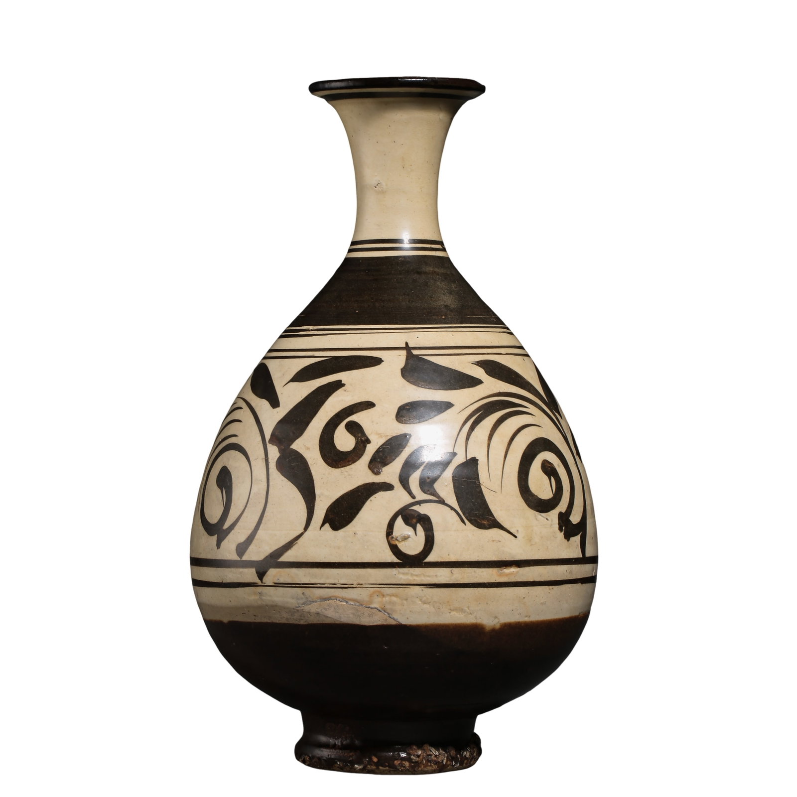 Jin Dynasty (12th–13th Century) Cizhou Kiln White-Ground Black-Decorated Scroll Vine Yuhuchun Vase: Dimensions: Height 27.5 cm (10.83 in / 0.90 ft), Mouth Diameter 7.2 cm (2.83 in / 0.24 ft), Jin Dynasty Ceramic, 12th–13th CenturyCondition & Provenance: Good overall condition. The surface shows na