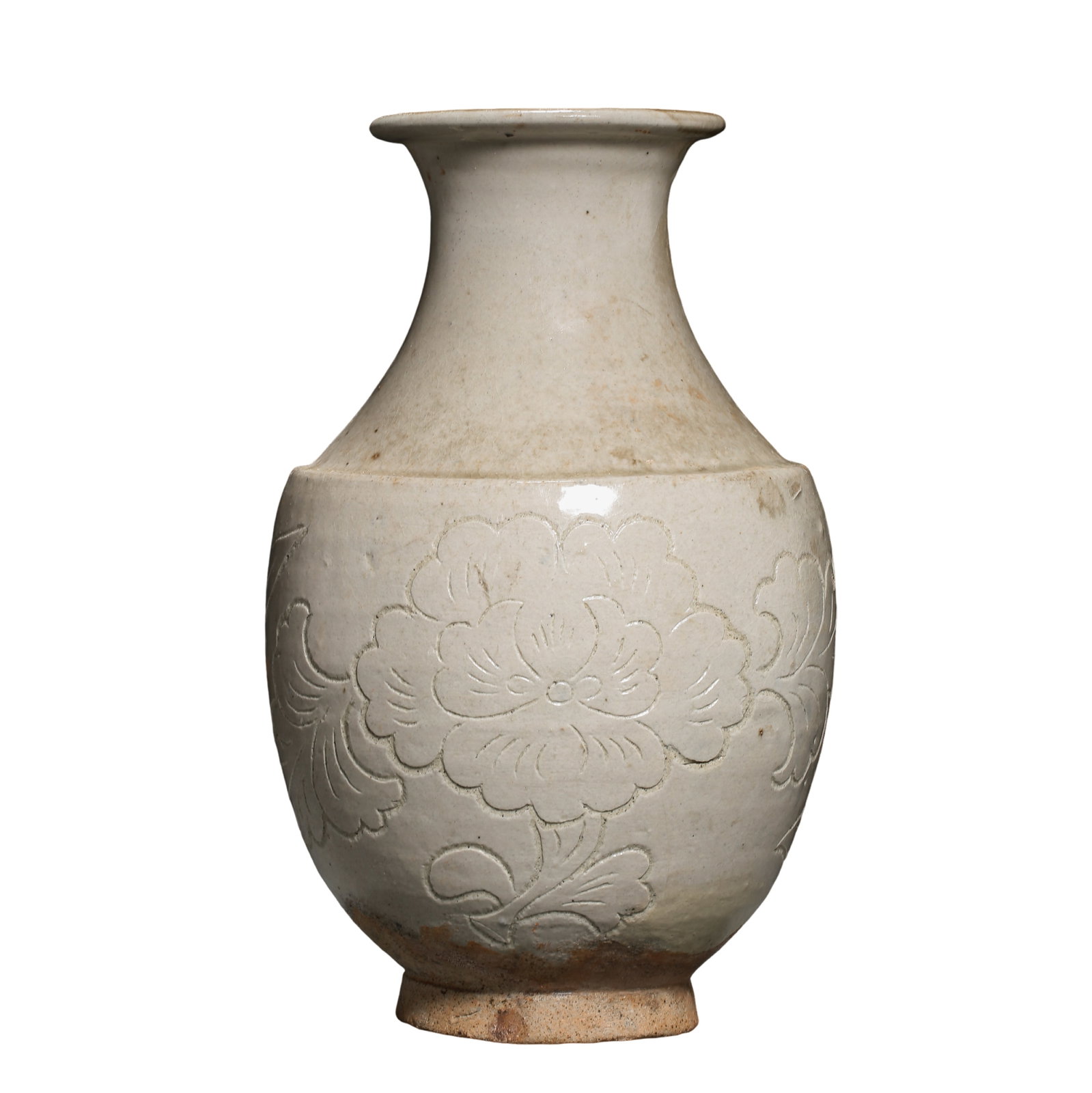 Song Dynasty (11th–12th Century) Northern Kiln White-Glazed Carved Peony Scroll Meiping-Style: Dimensions: Height 28 cm (11.02 in / 0.92 ft), Mouth Diameter 11 cm (4.33 in / 0.36 ft), Song Dynasty Ceramic, 11th–12th CenturyCondition & Provenance: The vase is preserved in good overall conditio