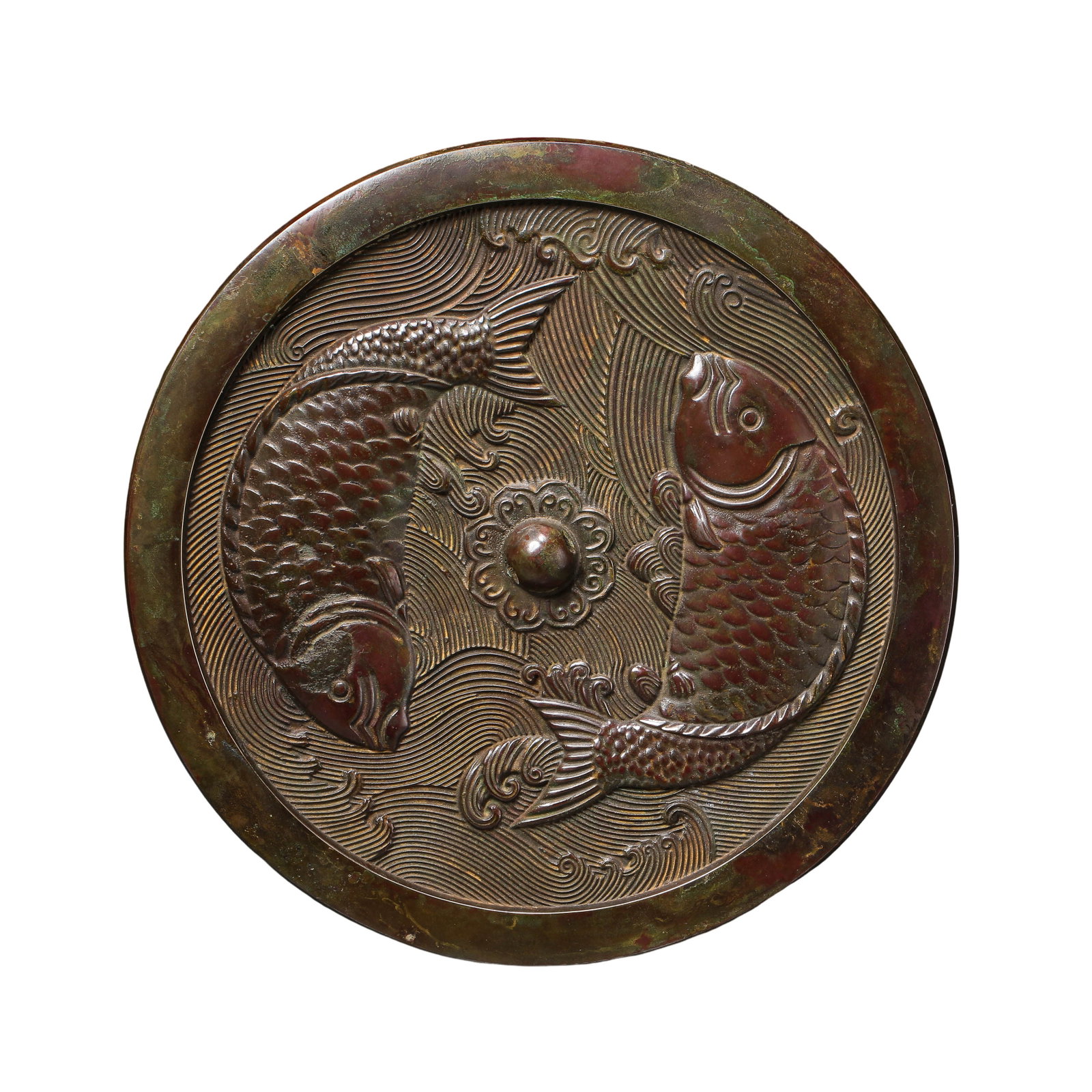 Song Dynasty (10th–13th Century) Bronze Circular Mirror with Ocean Waves and Twin Fish Design: Dimensions: Diameter 21.5cm (8.5in, approx. 0.71ft), Weight 1253g (2.76lb), Song Dynasty (10th–13th Century)Condition & Provenance: Excellent overall condition with a well-preserved circular form, i