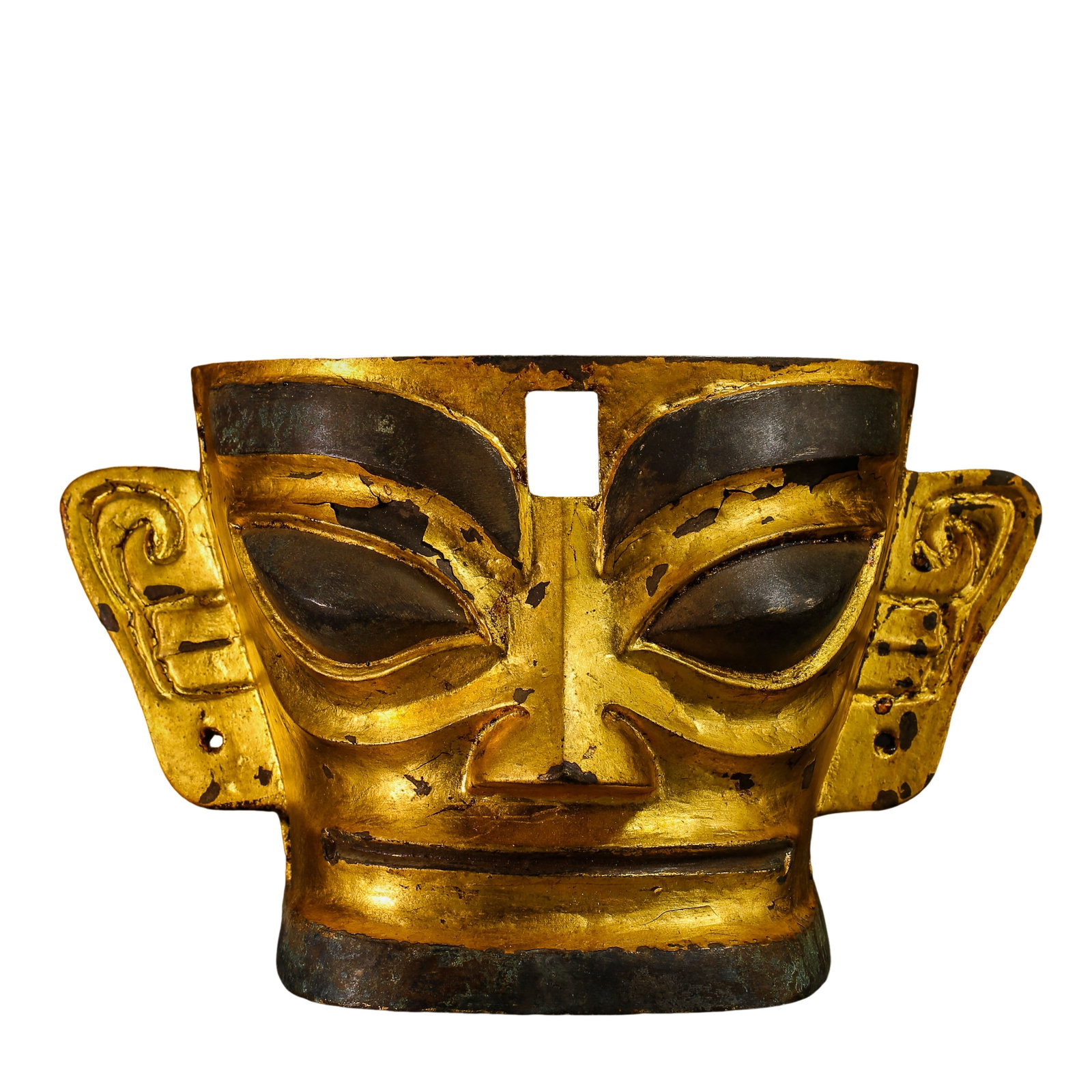 Ancient Shu Culture Gilt?Bronze Mask: Dimensions: Width 20.5cm (8.1in), Height 11.5cm (4.5in), Weight 836g (1.84lb), Warring States to Western Han Dynasty, approximately 5th century BCE–1st century CECondition & Provenance: Overall well