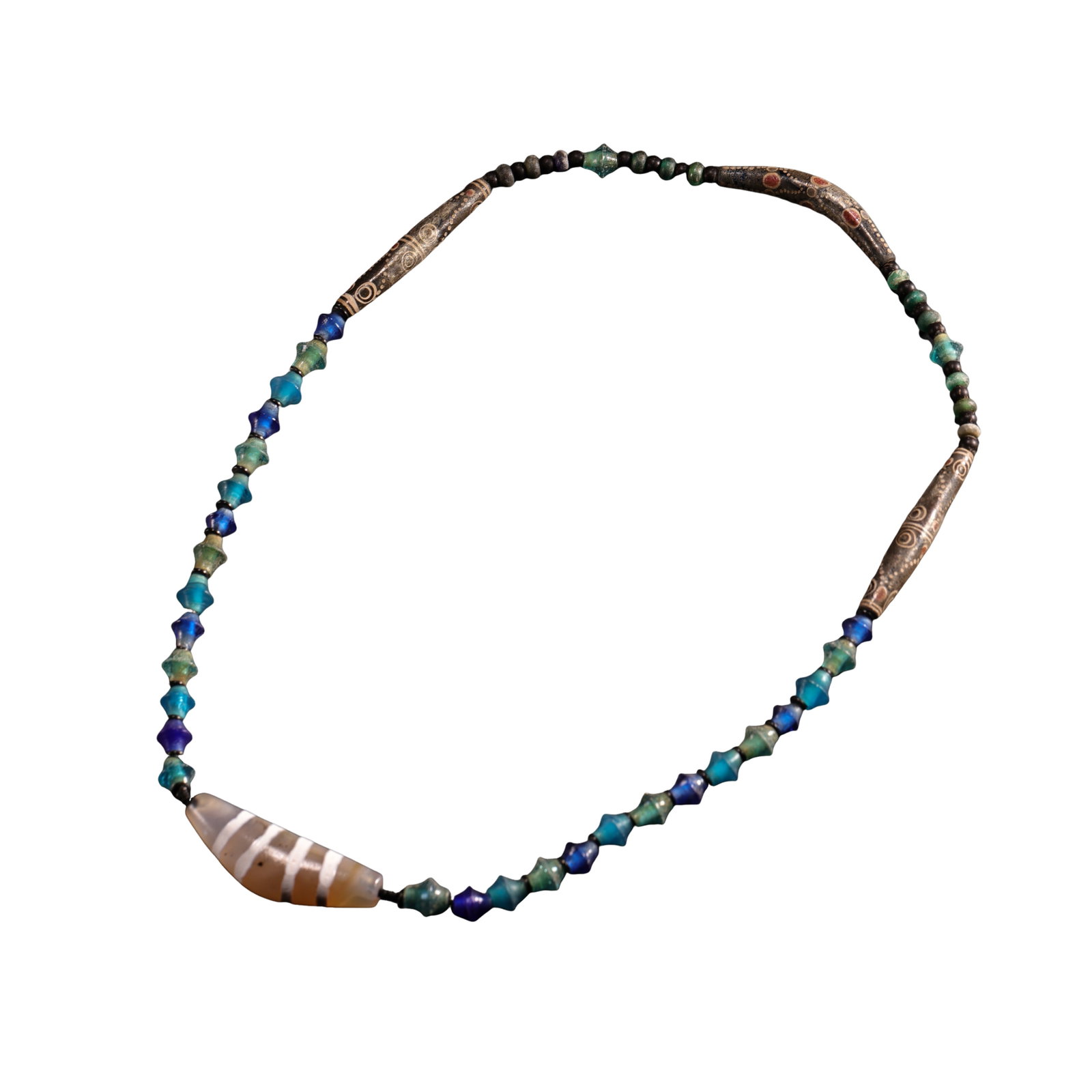 Ancient Silk Road Etched Agate Horn Bead and Millefiori Glass Bead Necklace, 5th Century BCE–3rd: Dimensions: Total weight 116g; main etched agate horn bead length 6.5cm (2.56in); ancient eye-bead glass tube beads length 6.7cm (2.64in); 5th Century BCE–3rd Century CECondition & Provenance: Excel
