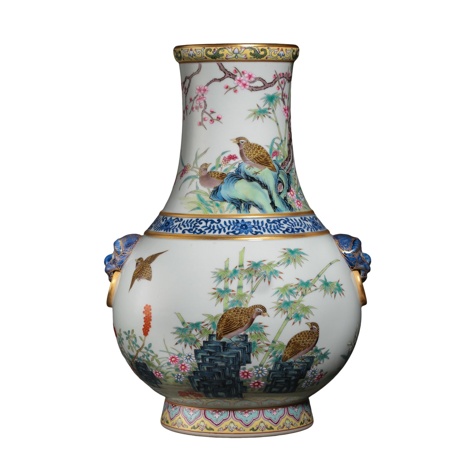 Qing Yongzheng Period Famille-Rose â€œPeaceful Home and Prosperous Life?? Beast-Head Ring-Handled: Dimensions: Height 30cm (11.81in), rim diameter 10cm (3.94in); 18th Century Qing Dynasty; weight not specifiedCondition & Provenance: Excellent condition. The porcelain body, glaze, famille-rose decor