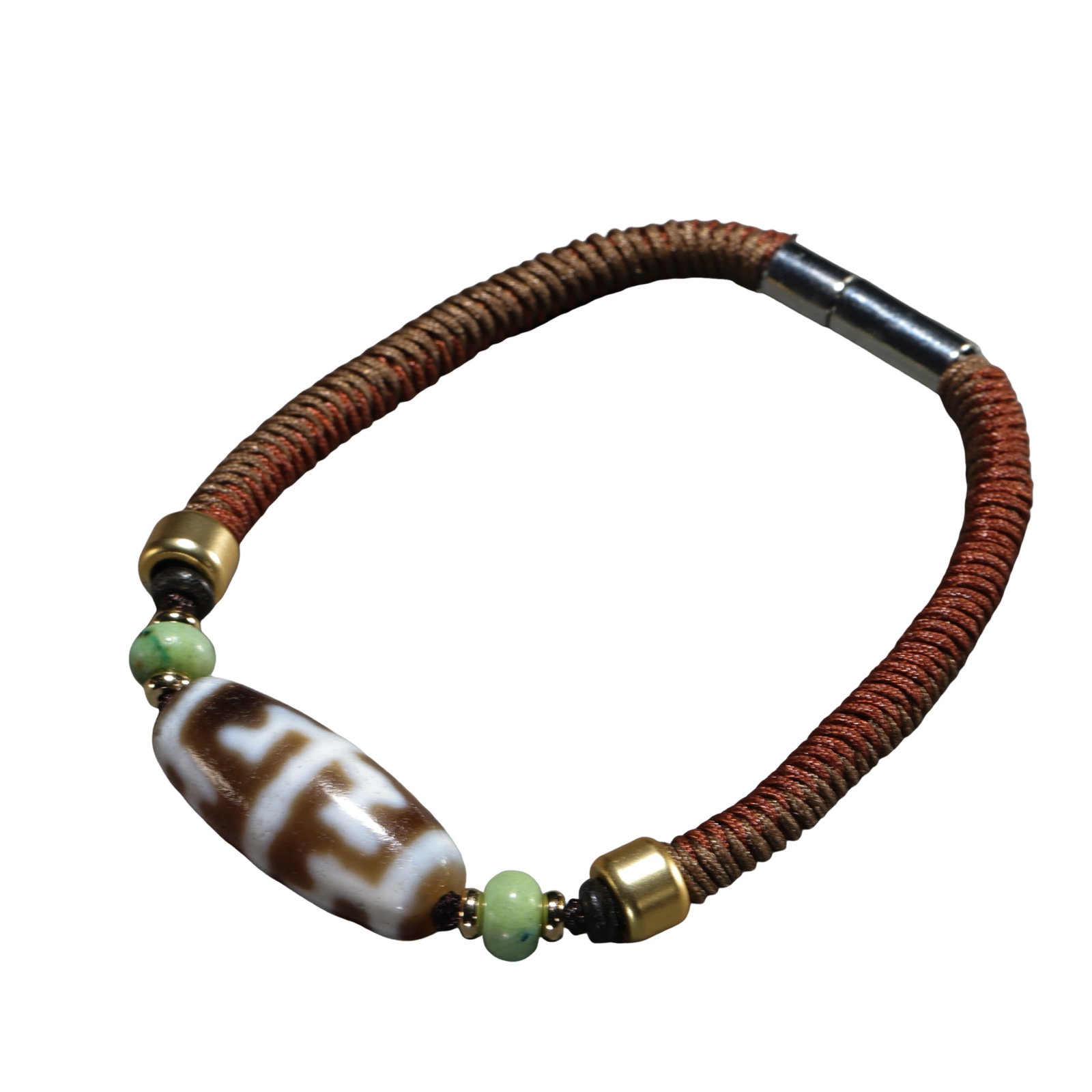 Modern Tibetan Treasure Vase Dzi Bead Bracelet with Turquoise and Handwoven Cord (20th–21st: Dimensions: Total weight 11g; main Dzi bead: L 2.64 cm (1.04 inch), D 1.14 cm (0.45 inch); wearable bracelet size; 20th–21st CenturyCondition & Provenance: The bracelet is in excellent condition. Th