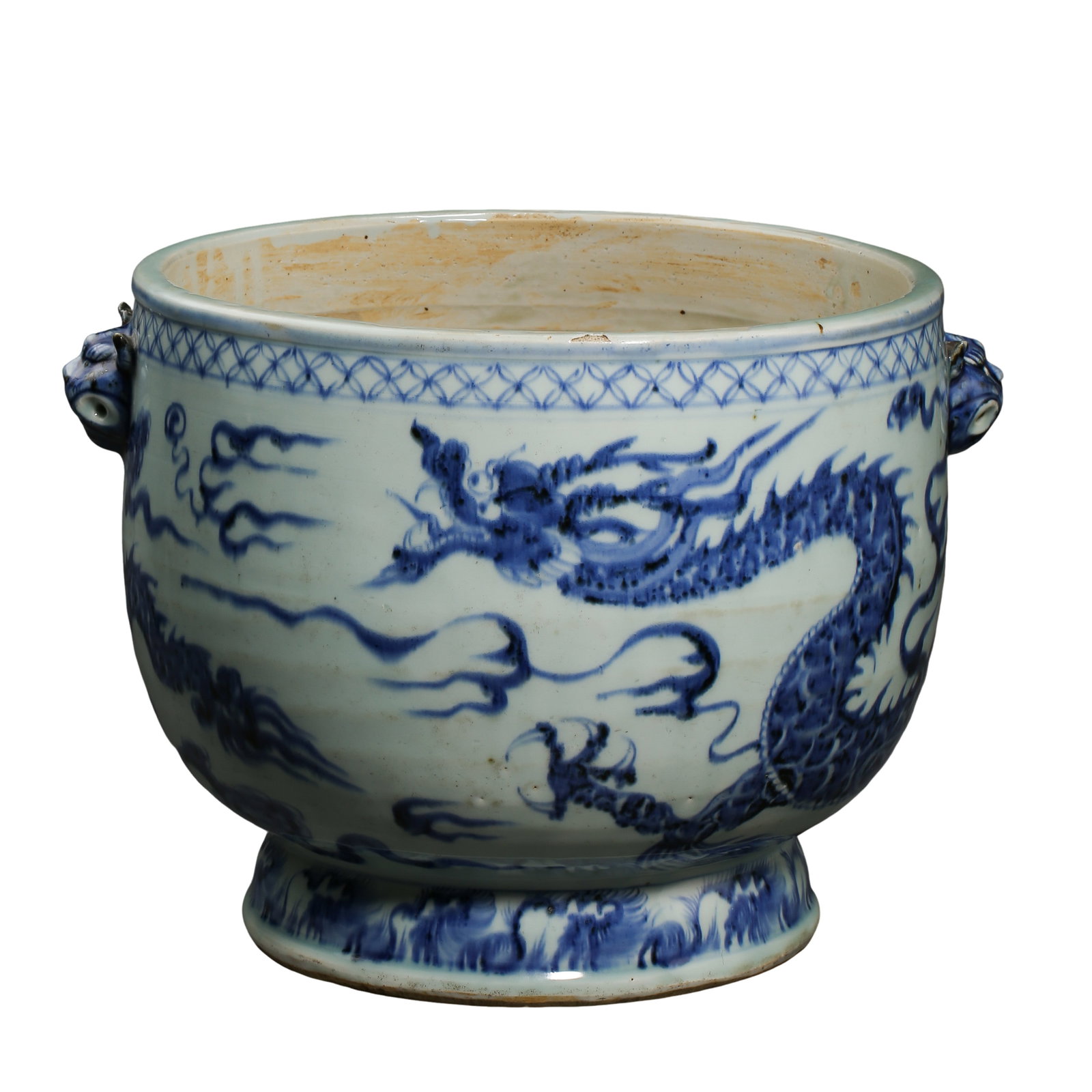 Yuan?Dynasty Blue?and?White Large Jar With Dragon?Cloud Motifs and Beast?Head Handles (1 of 12)