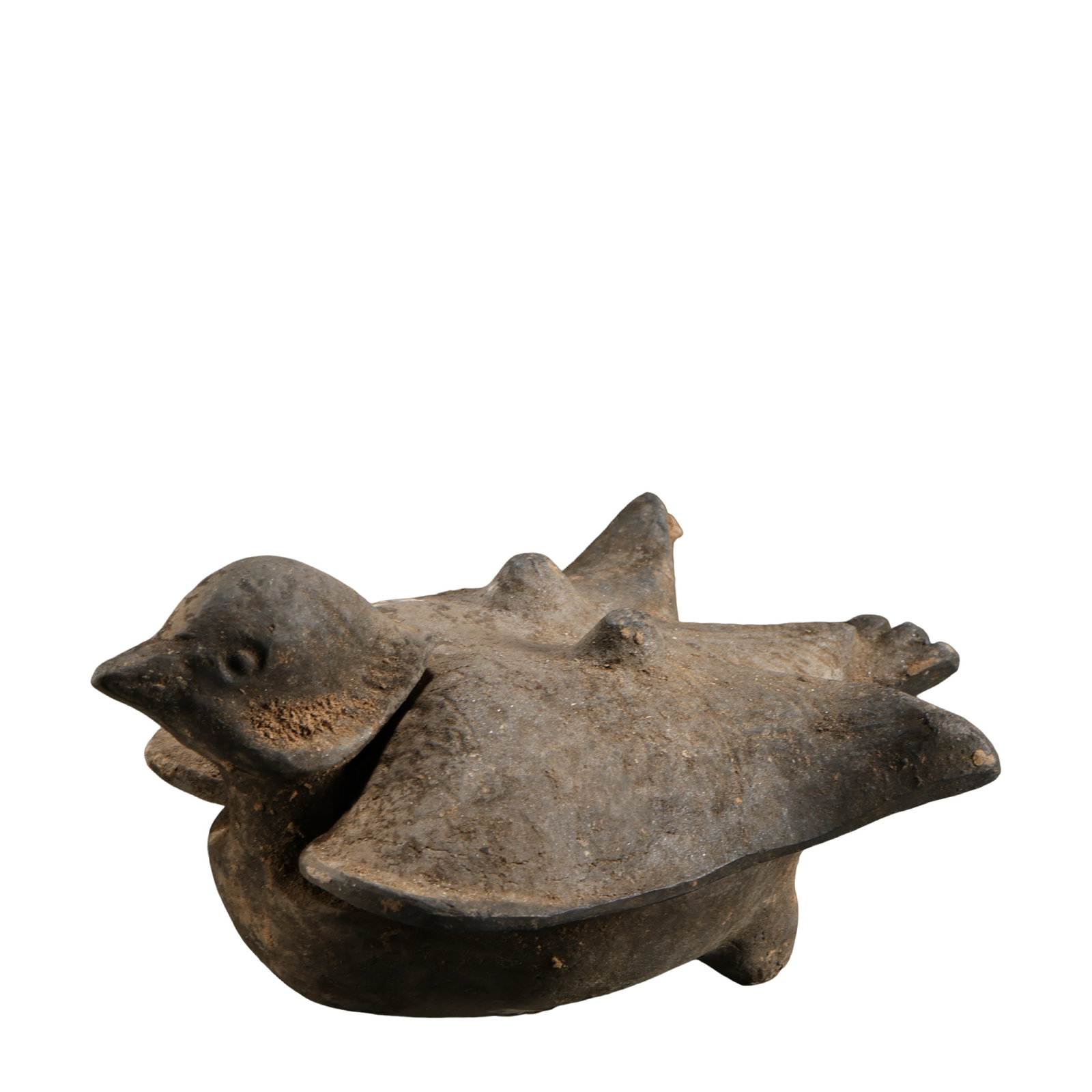 Han Dynasty Black Pottery Bird-Shaped Covered Box (2nd Century BCE–2nd Century CE): Dimensions: Length 14 cm (5.5 in / 0.05 ft), Height 7 cm (2.8 in / 0.02 ft)Condition & Provenance: The cover and body remain together and well preserved, with no major losses. The surface retains its 