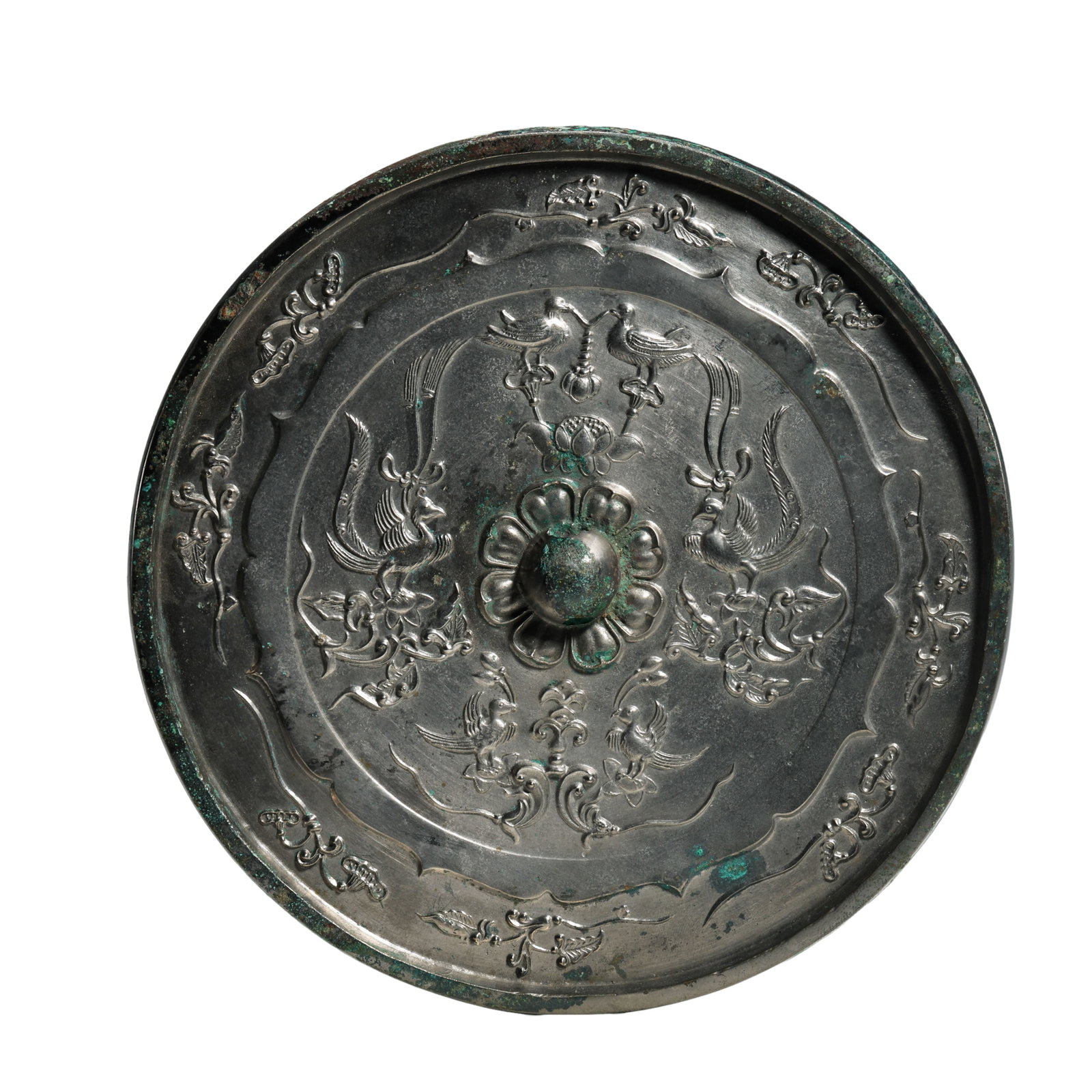 Tang Dynasty (618–907 CE) Lobed Bronze Mirror with Paired Phoenixes Holding Silk Ribbons and (1 of 8)