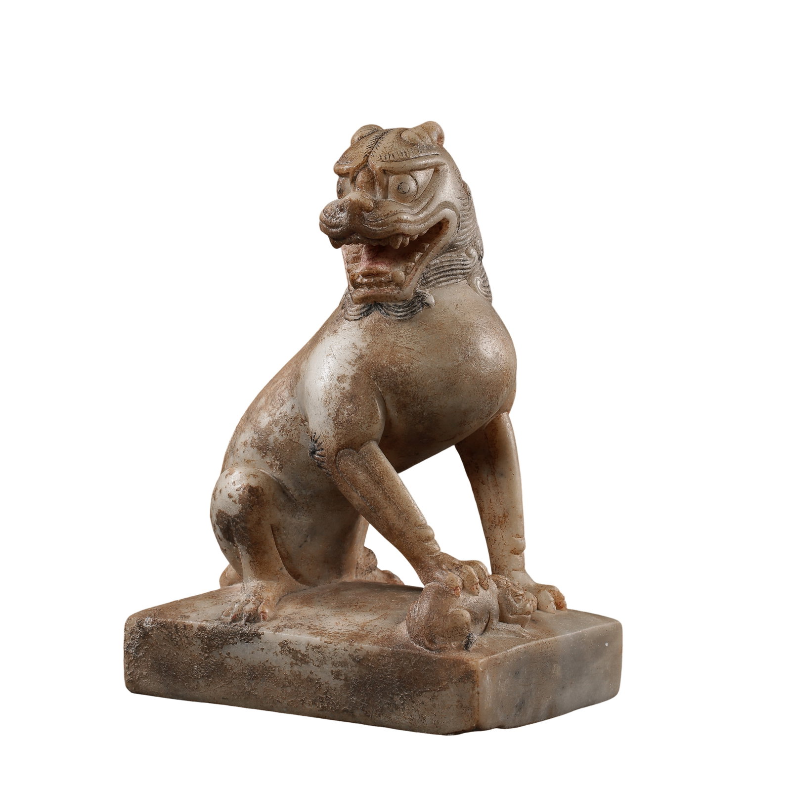 Tang?Dynasty Stone?Carved Seated Auspicious Lion: Dimensions: Height 21 cm (8.27 in / 0.07 ft), Base Length 15.3 cm (6.02 in / 0.05 ft), Weight 3140 g (6.92 lb), Ming Dynasty (15th–16th Century)Condition & Provenance: Excellent overall condition. T