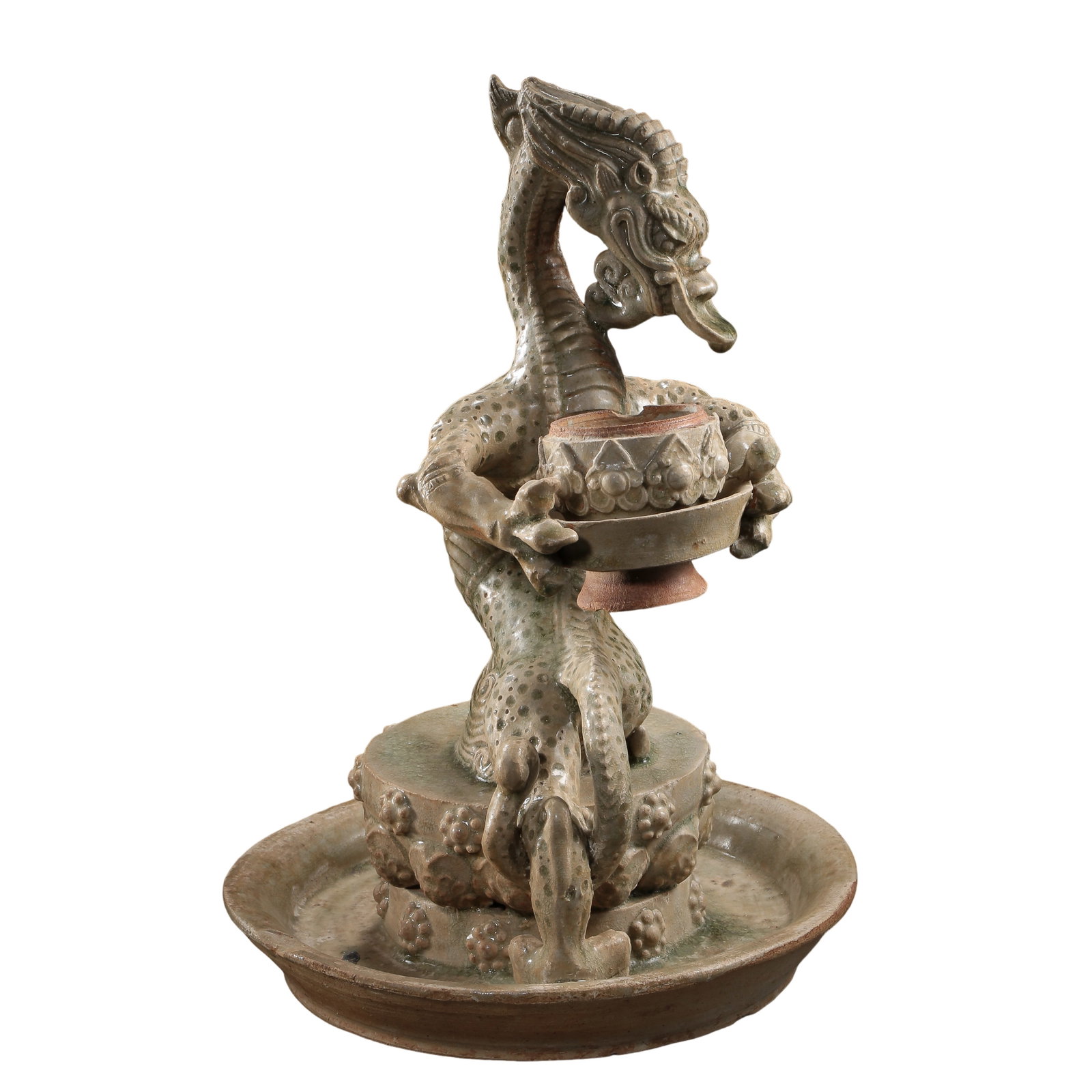 Tang Dynasty Yue Kiln Celadon Dragon Supporting Lotus Incense Burner Sculpture (7th–10th Century): Dimensions: Height 35 cm (13.8 in), Maximum Width 25 cm (9.8 in), Tang Dynasty (7th–10th Century)Condition & Provenance: The piece remains well preserved with the dragon sculpture, lotus platform, i