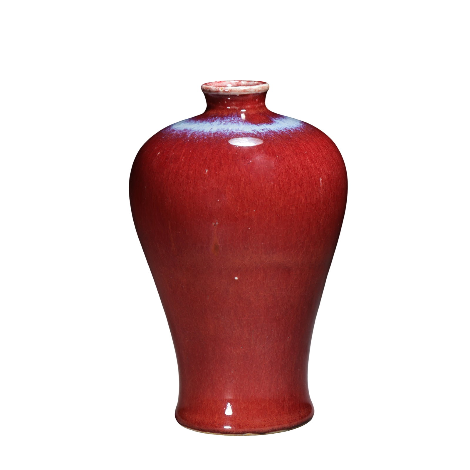 Qing Dynasty Jun Red Flambé Glazed Small Meiping Vase (18th–19th Century): Dimensions: Height 16.5 cm (6.5 in), Mouth Diameter 3.3 cm (1.3 in), Qing Dynasty (18th–19th Century)Condition & Provenance: The vase is well preserved with the body intact and no visible major crac