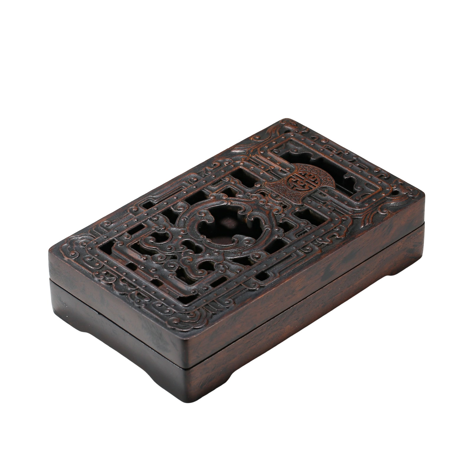 Qianlong Period Qing Dynasty Zitan Wood Carved Kui Dragon Scrollwork Inkstone Box with Poetry: Dimensions: Length 18 cm (7.1 in), Width 11 cm (4.3 in), Weight 568 g (1.25 lb), Qing Dynasty Qianlong Period (18th Century)Condition & Provenance: Well preserved with the original fitted structure in