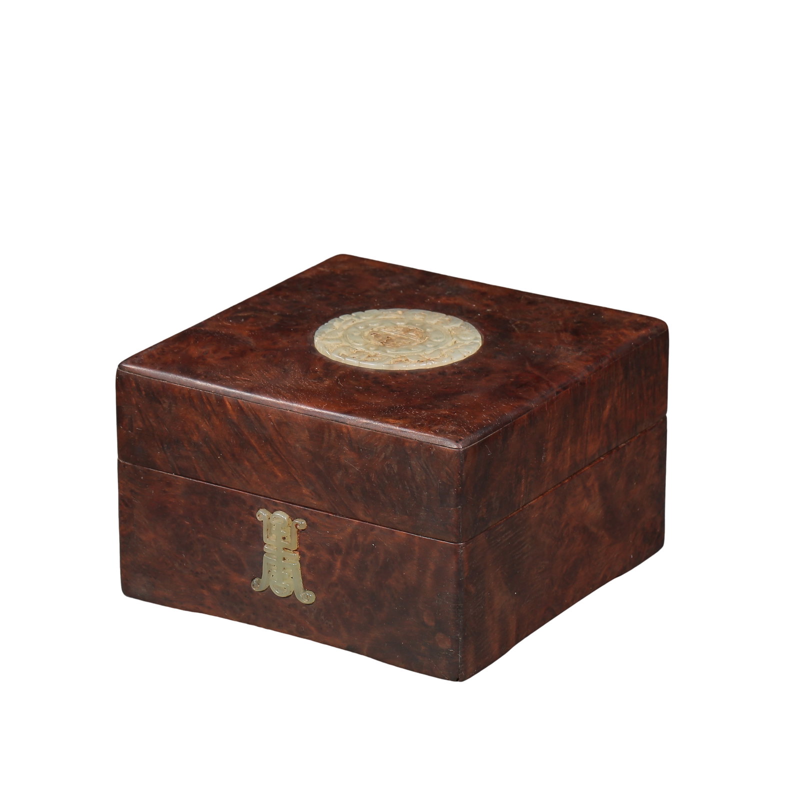 Qing Dynasty Burlwood Box Inlaid with Hetian Jade Longevity Motifs (18thâ€“19th Century, Qing: Dimensions: Approximately 13 cm long (5.1 in, 0.43 ft), 7.8 cm high (3.1 in, 0.26 ft), weight 397 g (14.0 oz); 18th–19th century Qing dynasty scholar’s objectCondition & Provenance: Excellent cond