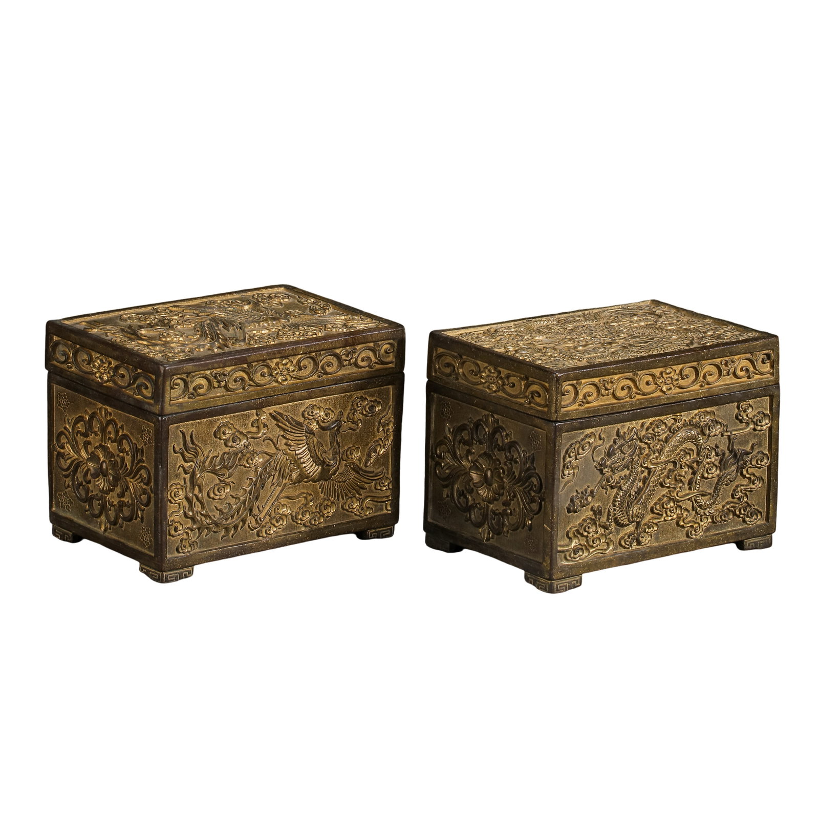 Pair of Qianlong Period Qing Dynasty Gilt Bronze Rectangular Treasure Boxes with Relief Dragon and: Dimensions: Each box measures approximately 15.2 cm (6.0 in, 0.50 ft) in length and 11 cm (4.3 in, 0.36 ft) in height; total weight of the pair 5,143 g; 18th century Qing Dynasty, Qianlong period impe