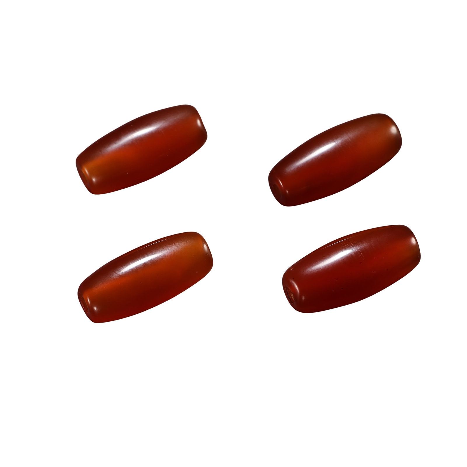 Ancient Red Agate Barrel Beads, Set of Four (1st Millennium BCEâ€“Early Common Era, Ancient Agate: Dimensions: Each bead measures approximately 2.9 cm (1.1 in, 0.10 ft) in length and 1.3 cm (0.5 in, 0.04 ft) in diameter; total weight 31 g; 1st millennium BCE–Early Common Era ancient bead ornament