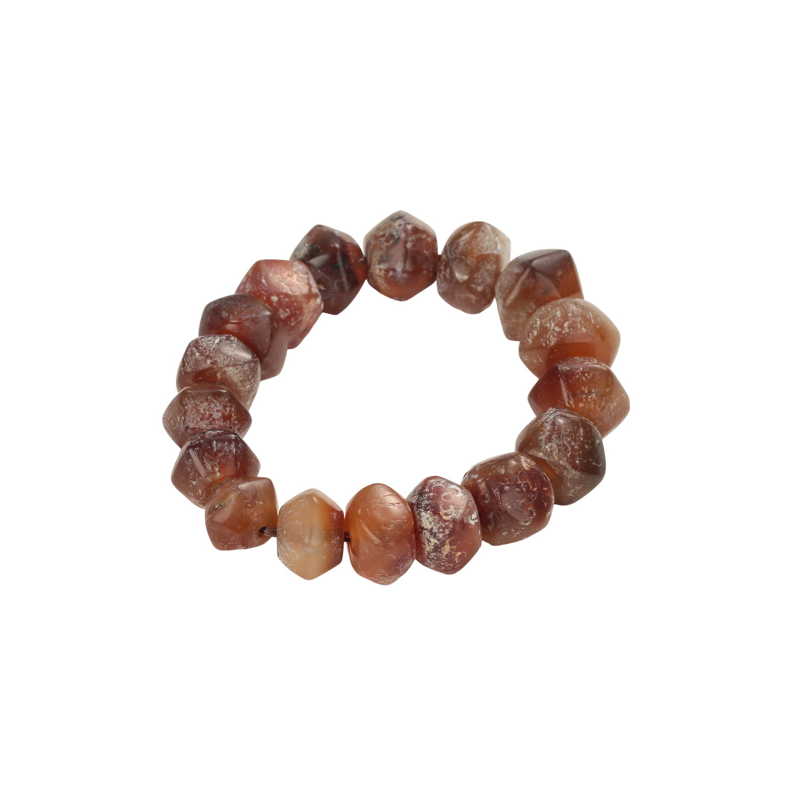 Tang Dynasty Eight-Faceted Red Agate Bead Bracelet (7th–10th Century, Silk Road Trade Beads): Dimensions: Each bead measures approximately 1.4 cm (0.6 in, 0.05 ft) in diameter; composed of 15 beads; total weight 63 g; 7th–10th century Tang Dynasty bead ornamentCondition & Provenance: Excelle